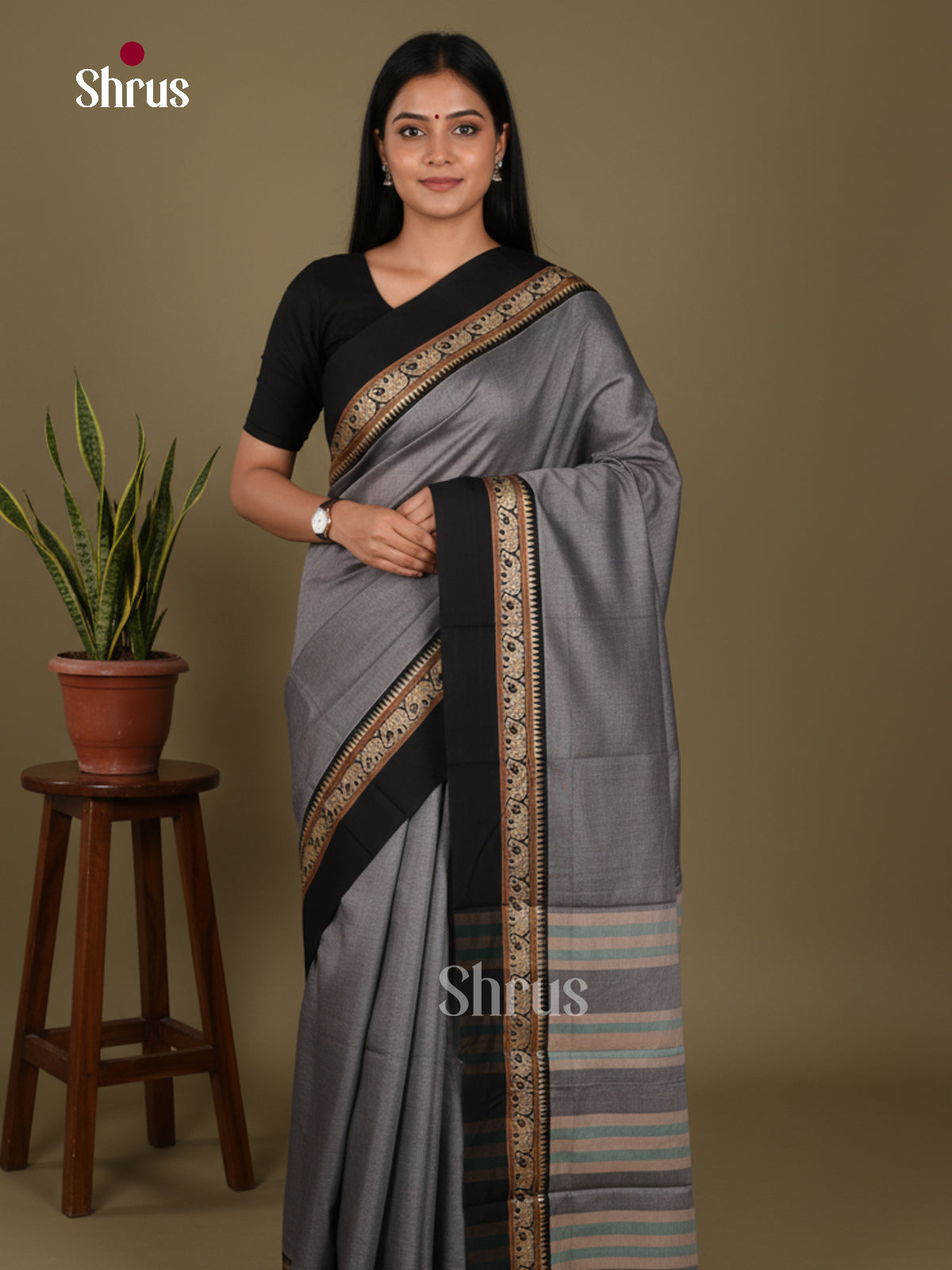 Grey & Black - Narayanpet Cotton Saree