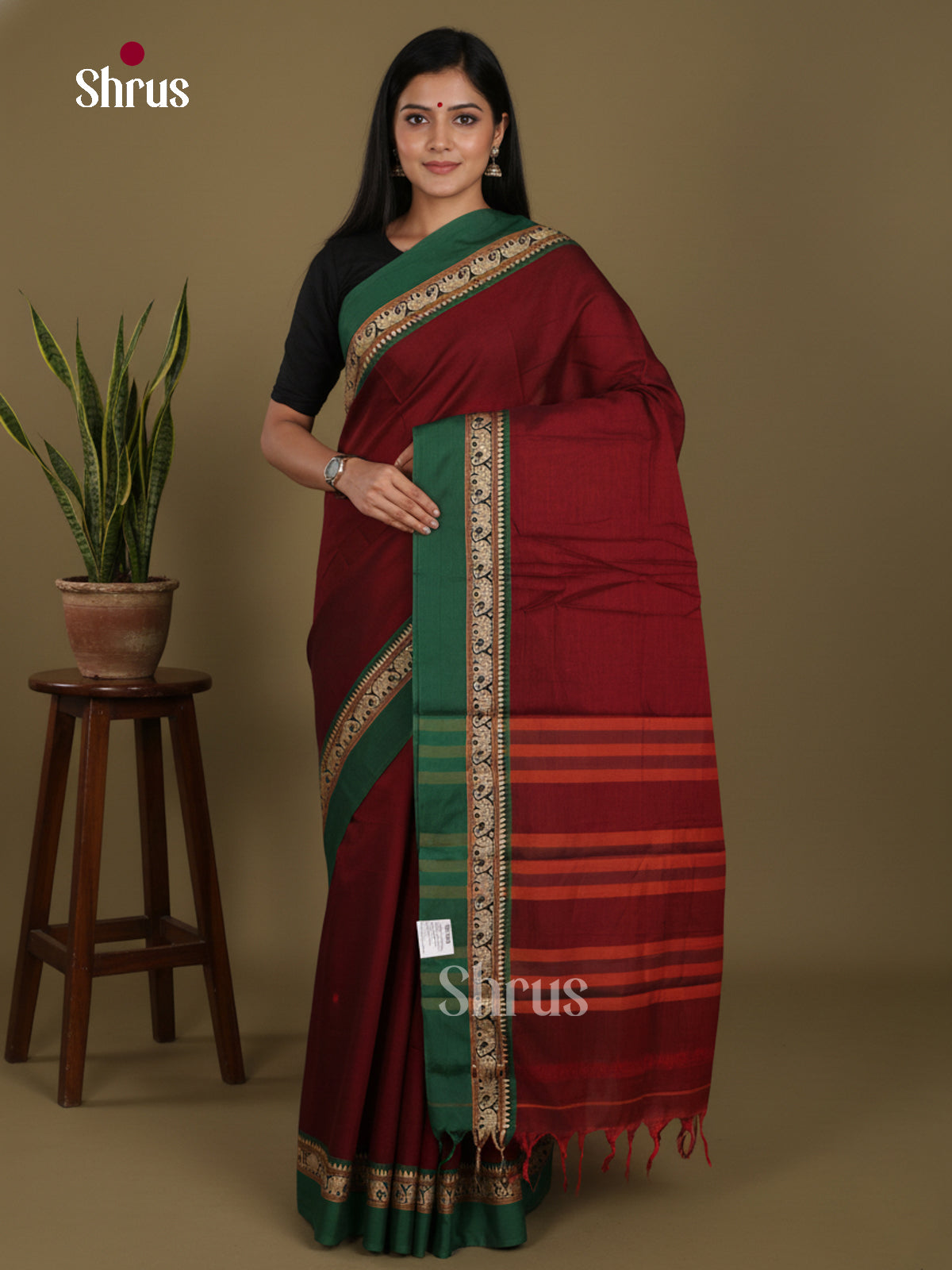 Maroon & Green- Narayanpet Cotton Saree - Shop on Shrus.com