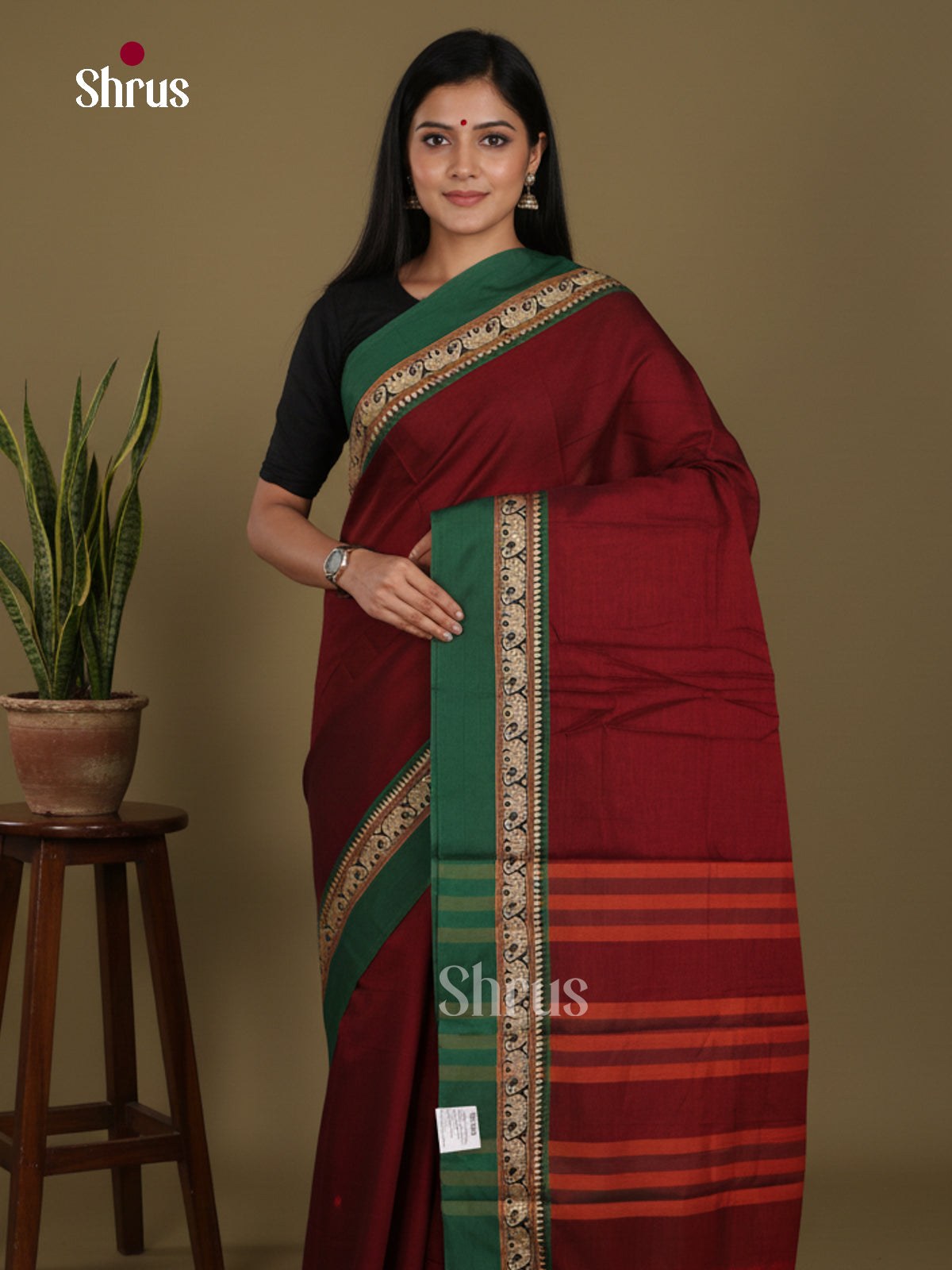 Maroon & Green- Narayanpet Cotton Saree - Shop on Shrus.com