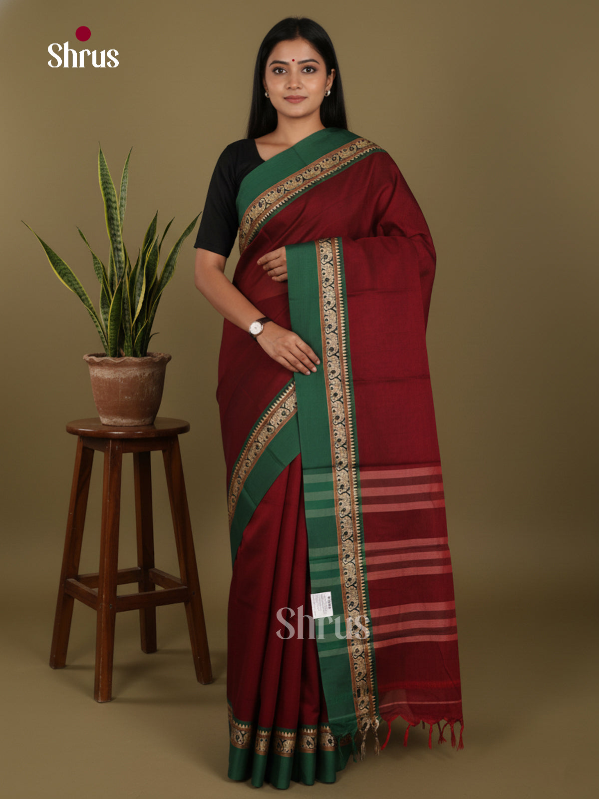 Maroon & Green - Narayanpet Cotton Saree