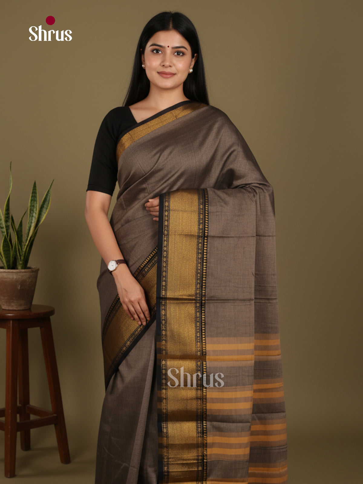 Grey & Black - Narayanpet Cotton Saree