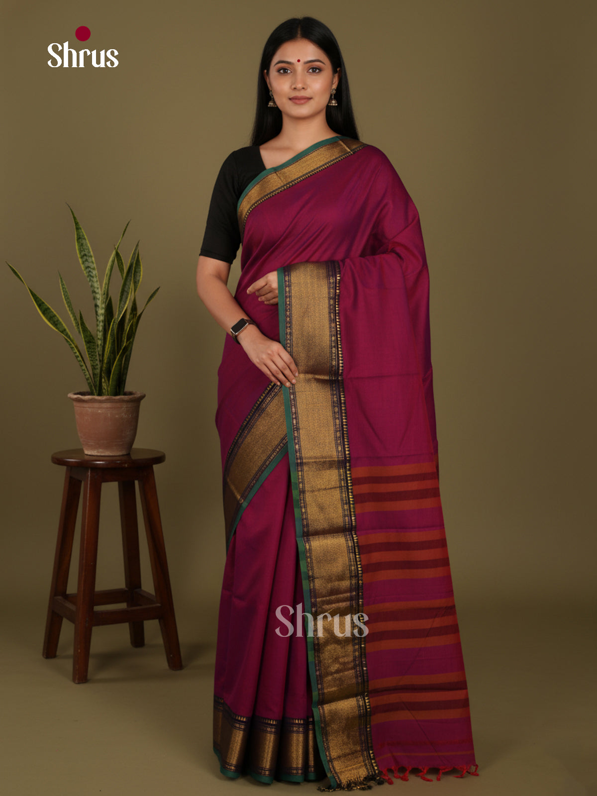 Maroon & Green - Narayanpet Cotton Saree - Shop on Shrus.com