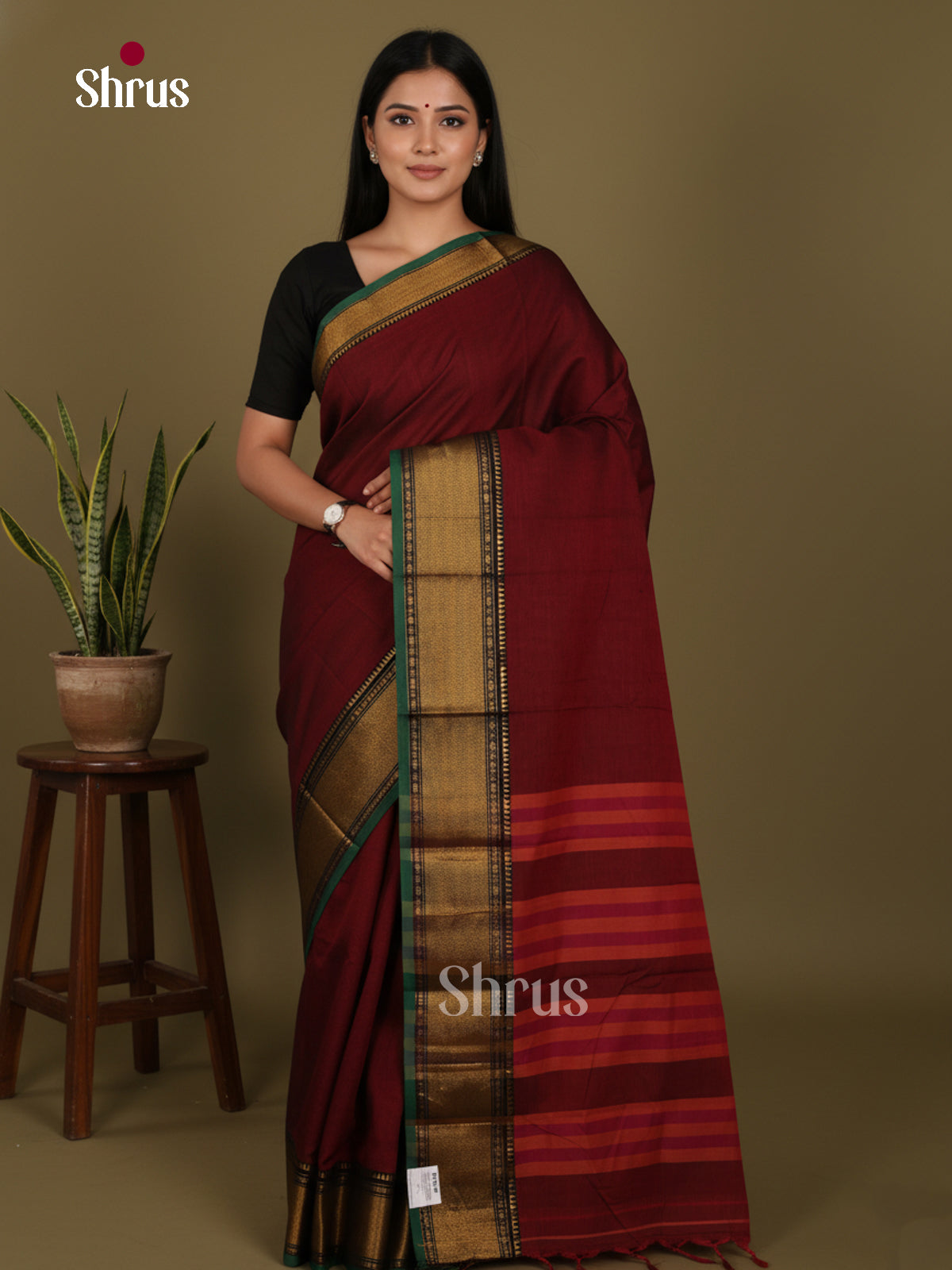 Maroon & Green - Narayanpet Cotton Saree - Shop on Shrus.com