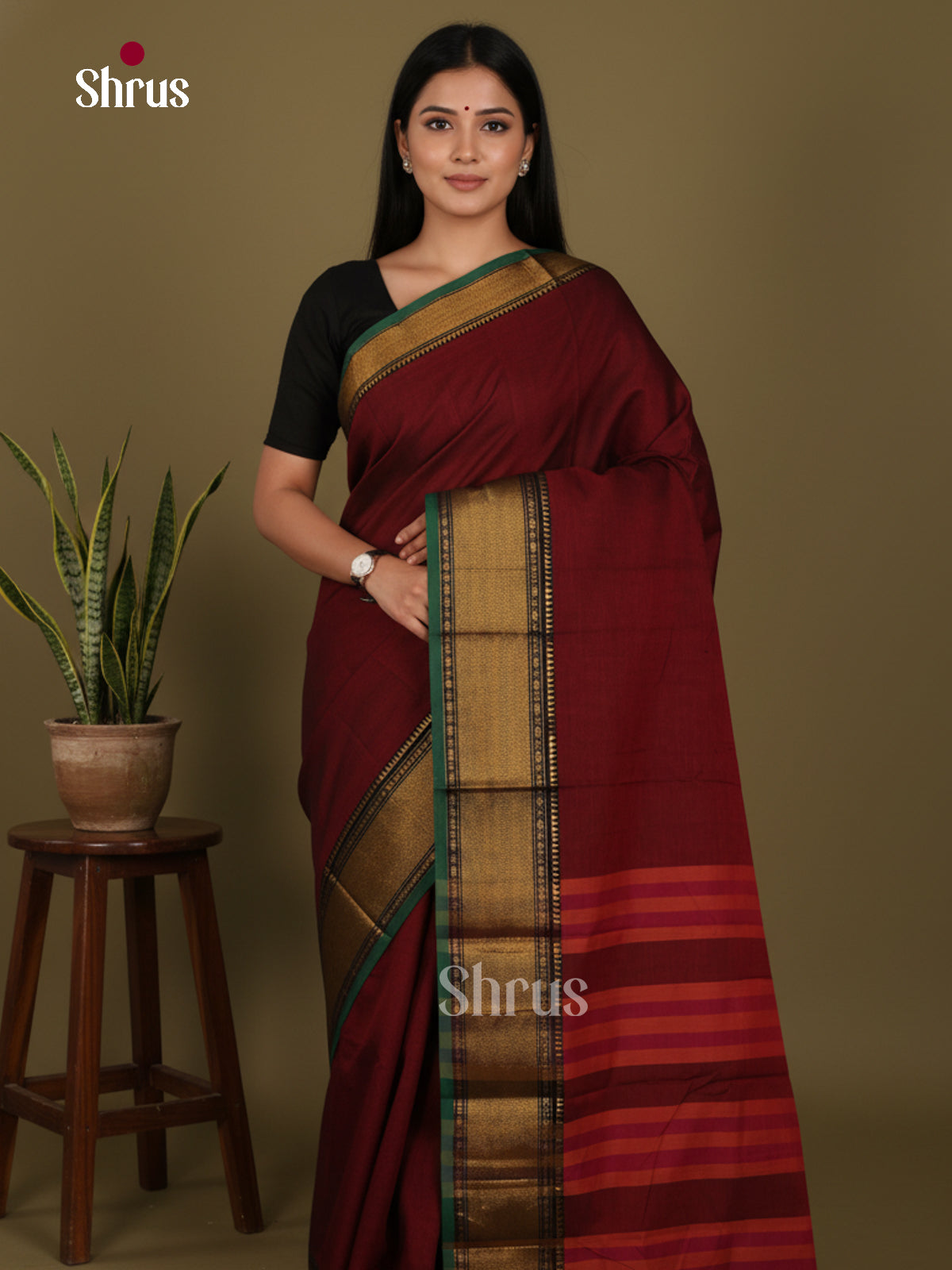 Maroon & Green - Narayanpet Cotton Saree - Shop on Shrus.com