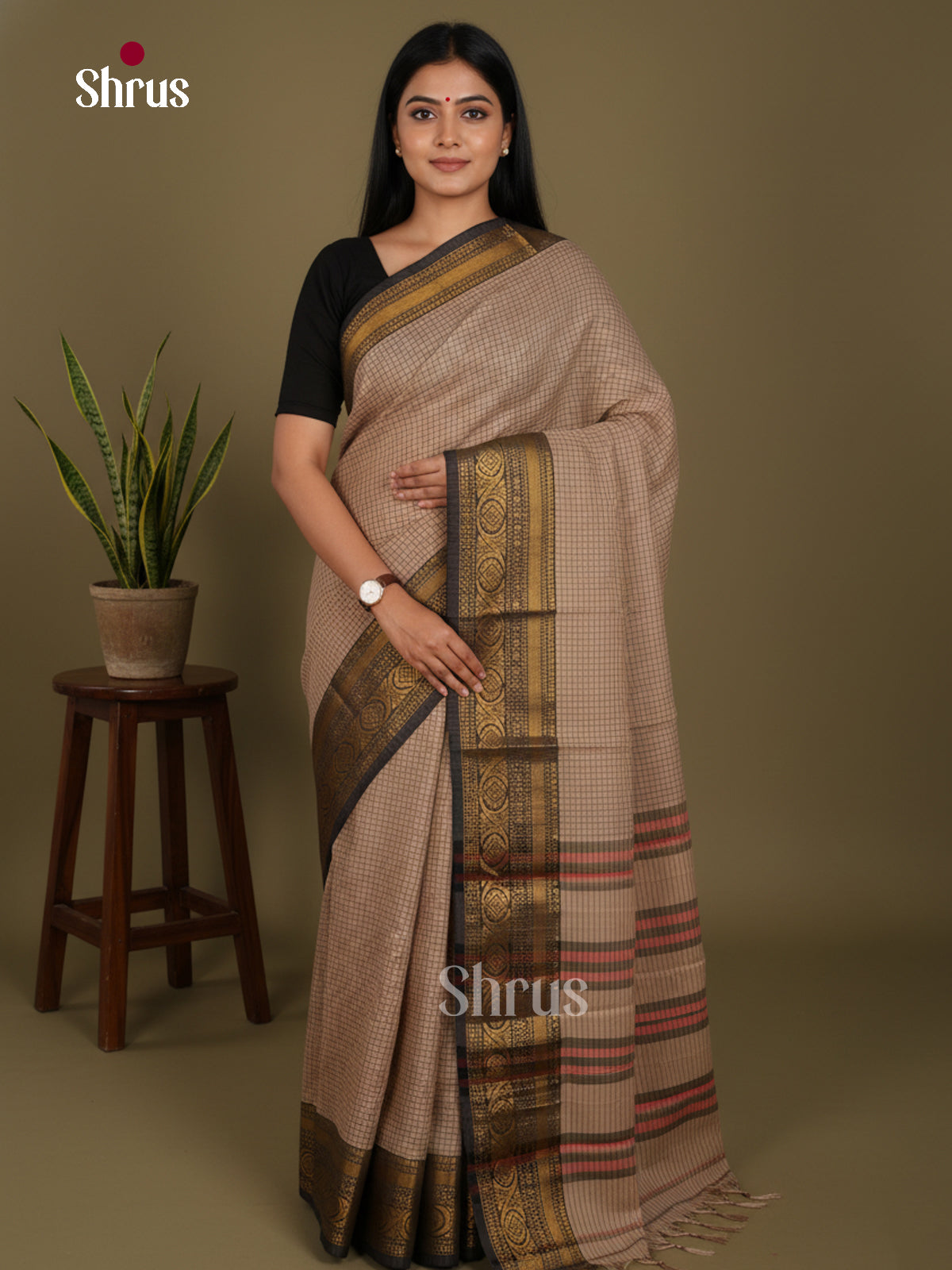 Beige & Black- Narayanpet Cotton Saree