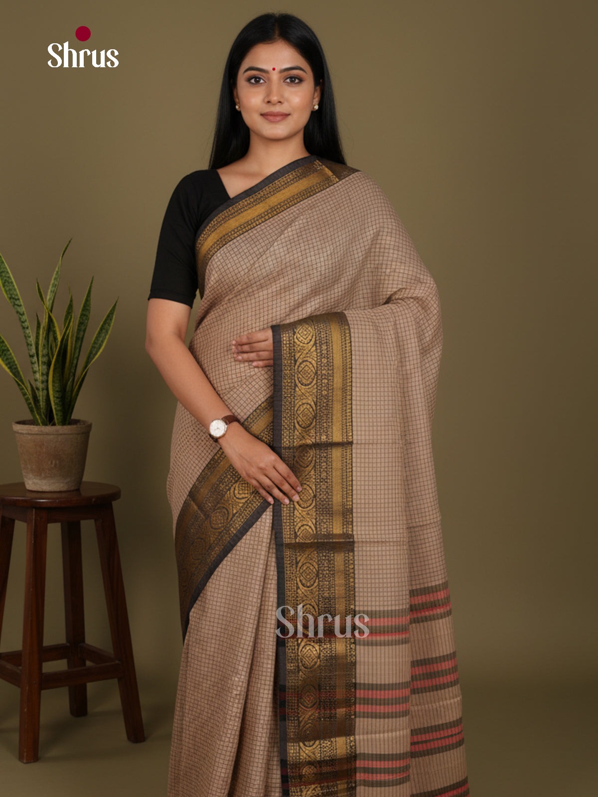 Beige & Black- Narayanpet Cotton Saree