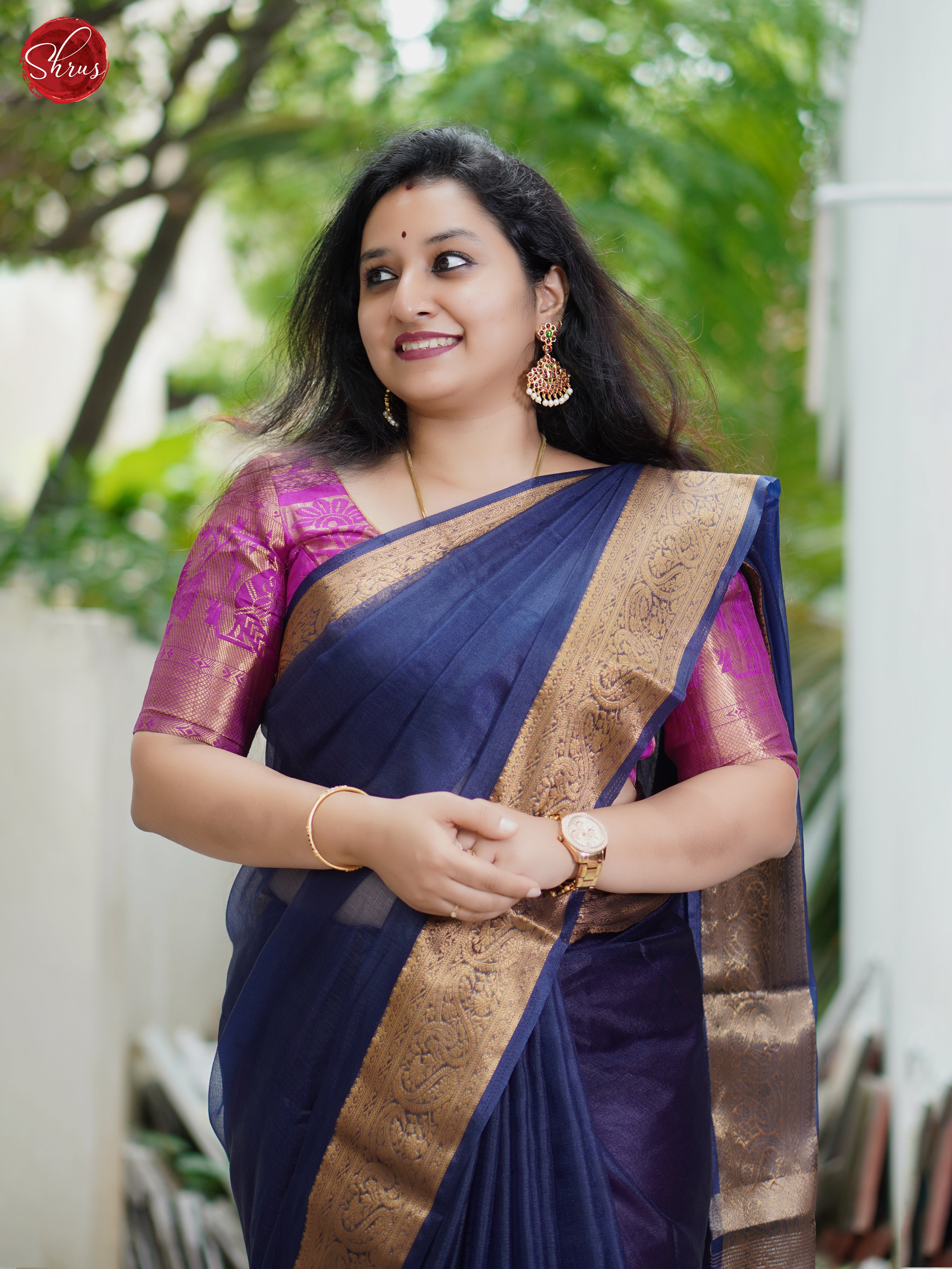 Navy Blue (Single Tone) - Semi Organza Saree with rich Zari Border - Shop on ShrusEternity.com