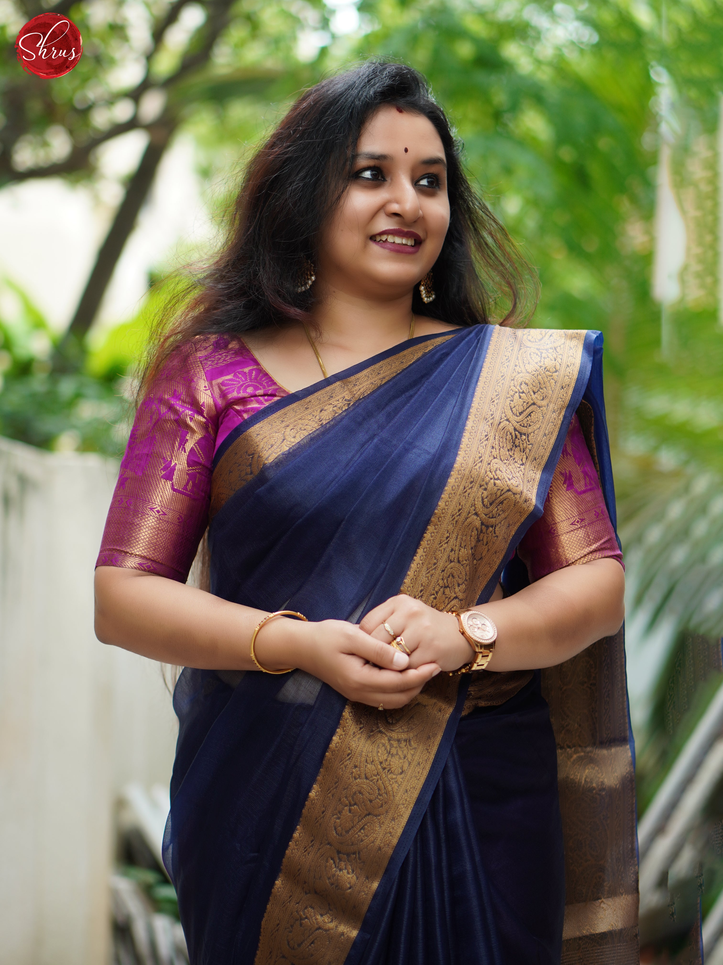Navy Blue (Single Tone) - Semi Organza Saree with rich Zari Border - Shop on ShrusEternity.com