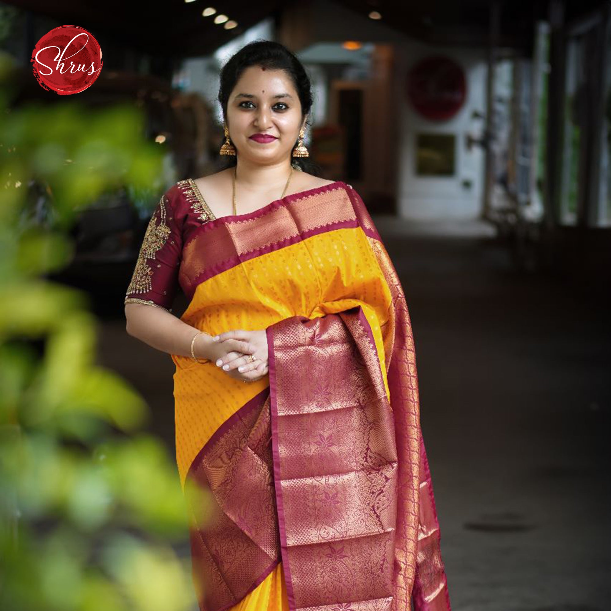 Light Sunset Orange & Maroon - Semi Kanchipuram saree with zari motifs & rich zari woven Border - Shop on ShrusEternity.com