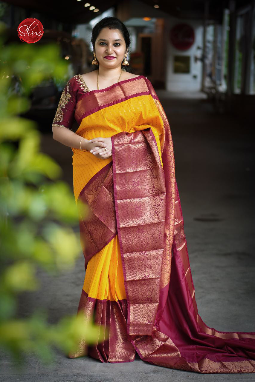 Light Sunset Orange & Maroon - Semi Kanchipuram saree with zari motifs & rich zari woven Border - Shop on ShrusEternity.com