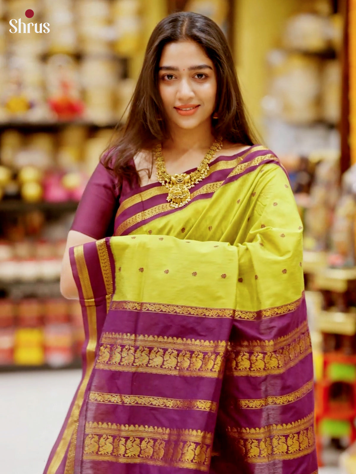 Lime Green & Purple - Kalyani Cotton Saree - Shop on Shrus.com