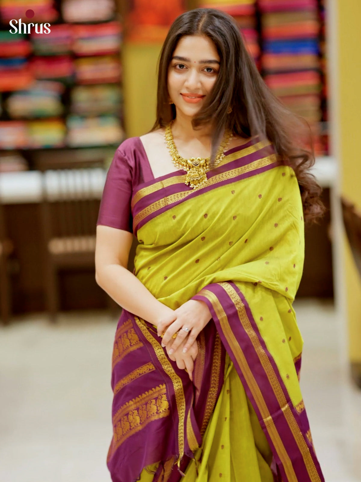 Lime Green & Purple - Kalyani Cotton Saree - Shop on Shrus.com