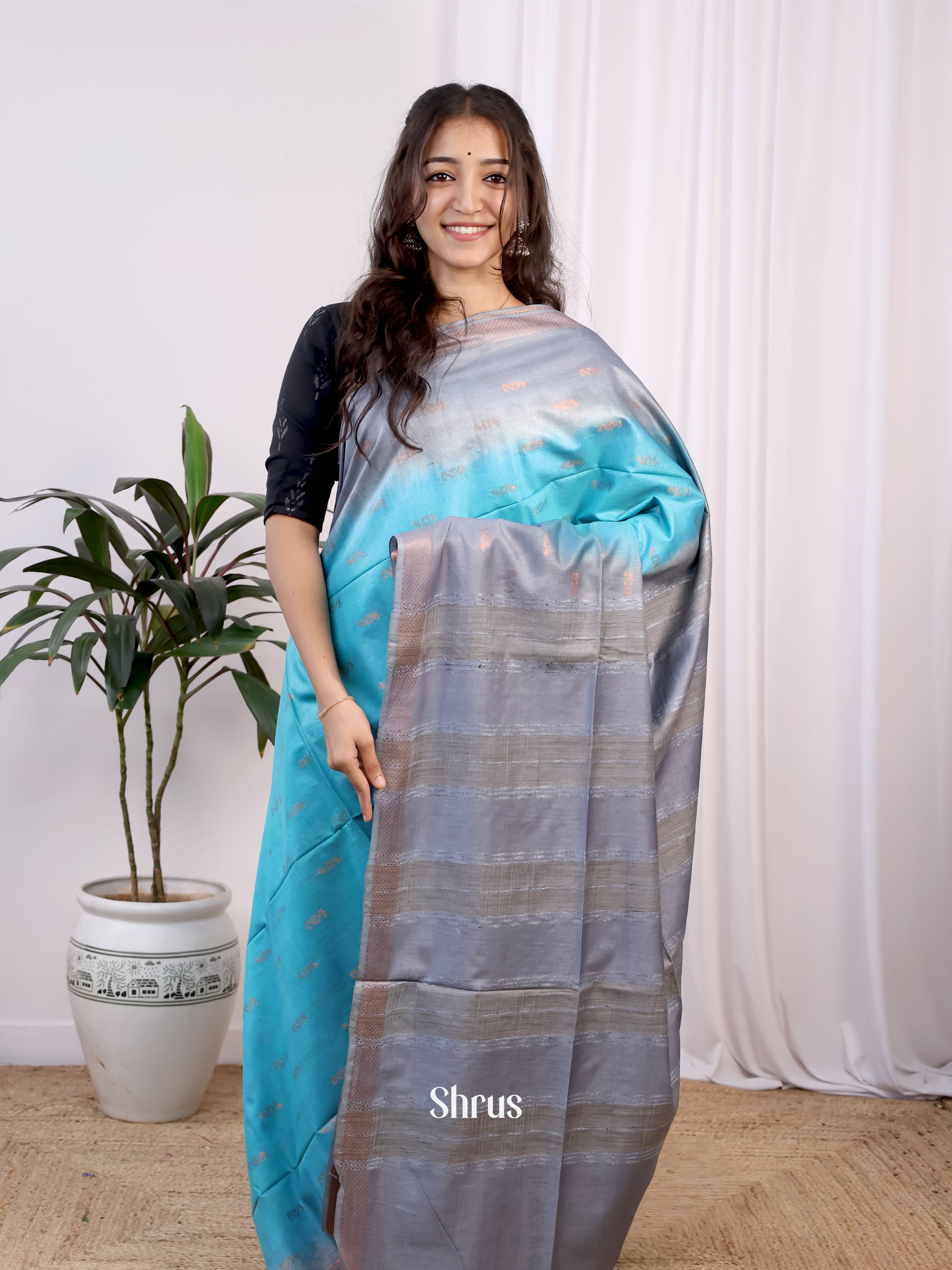 Blue & Grey - Semi Tussar Saree - Shop on Shrus.com