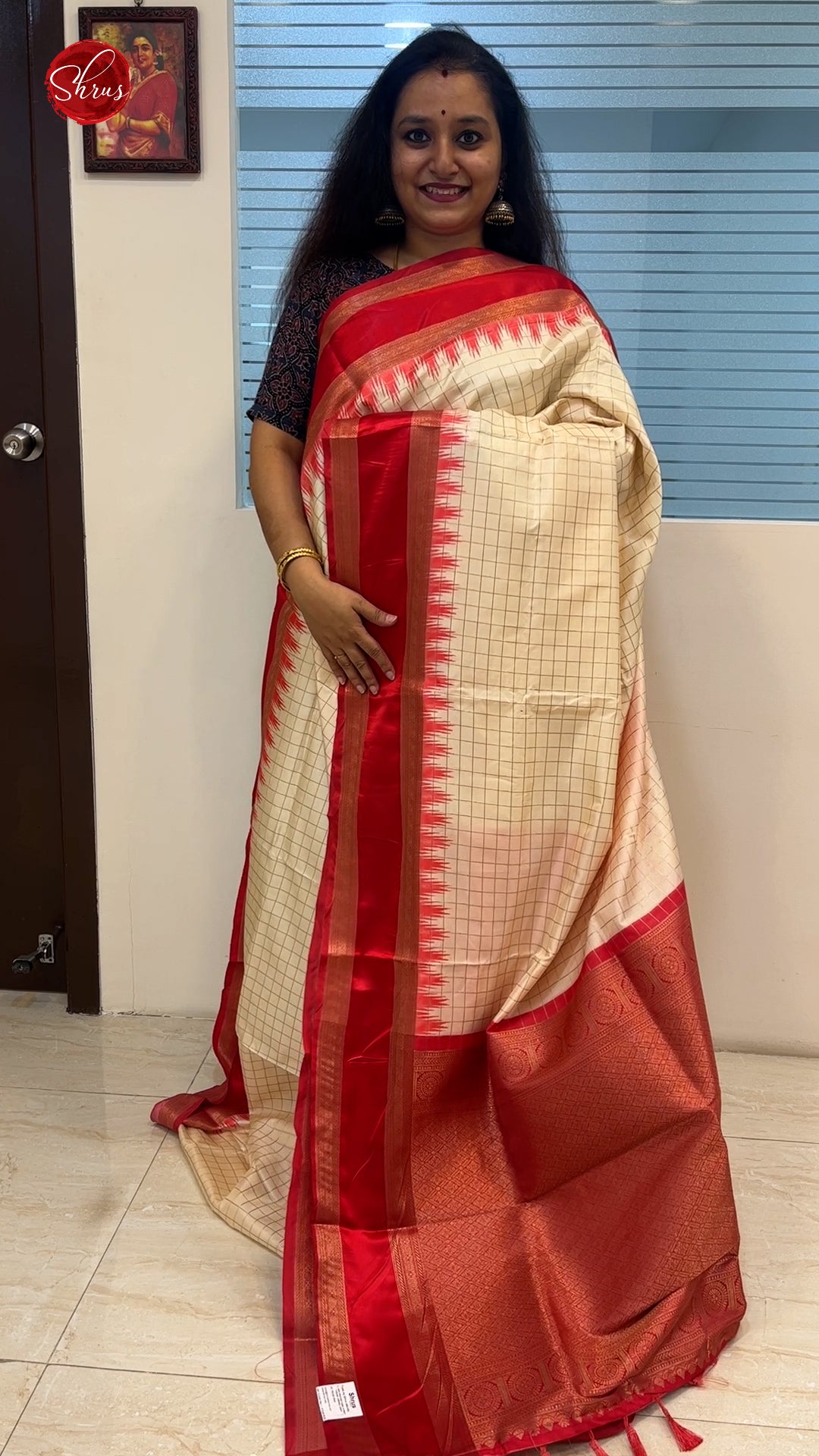 Cream and Red - Semi Dupion Saree - Shop on ShrusEternity.com