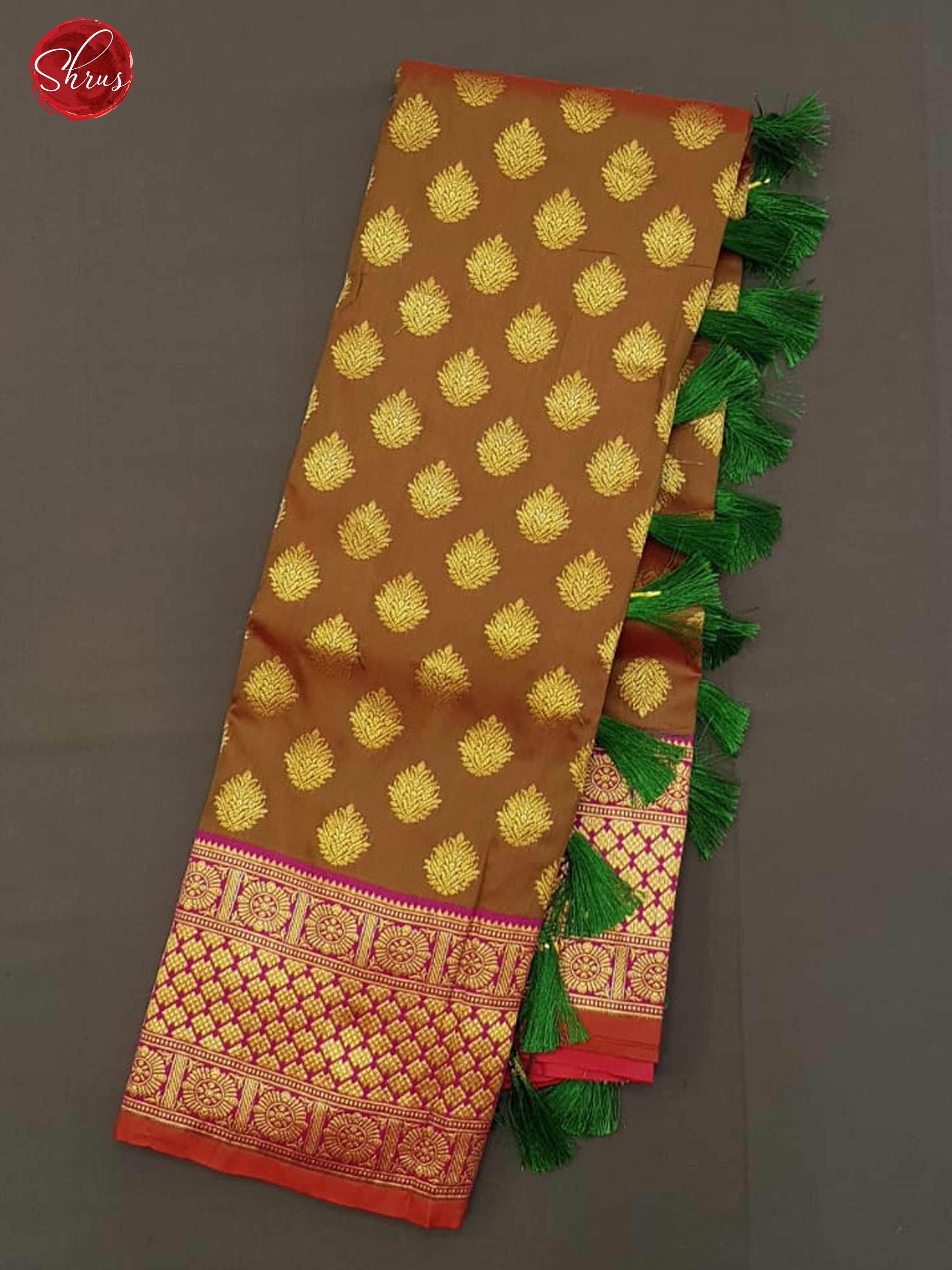 Brown & Red - Semi Kanchipuram with Zari woven floral buttas brocade on the body & Zari Border - Shop on ShrusEternity.com
