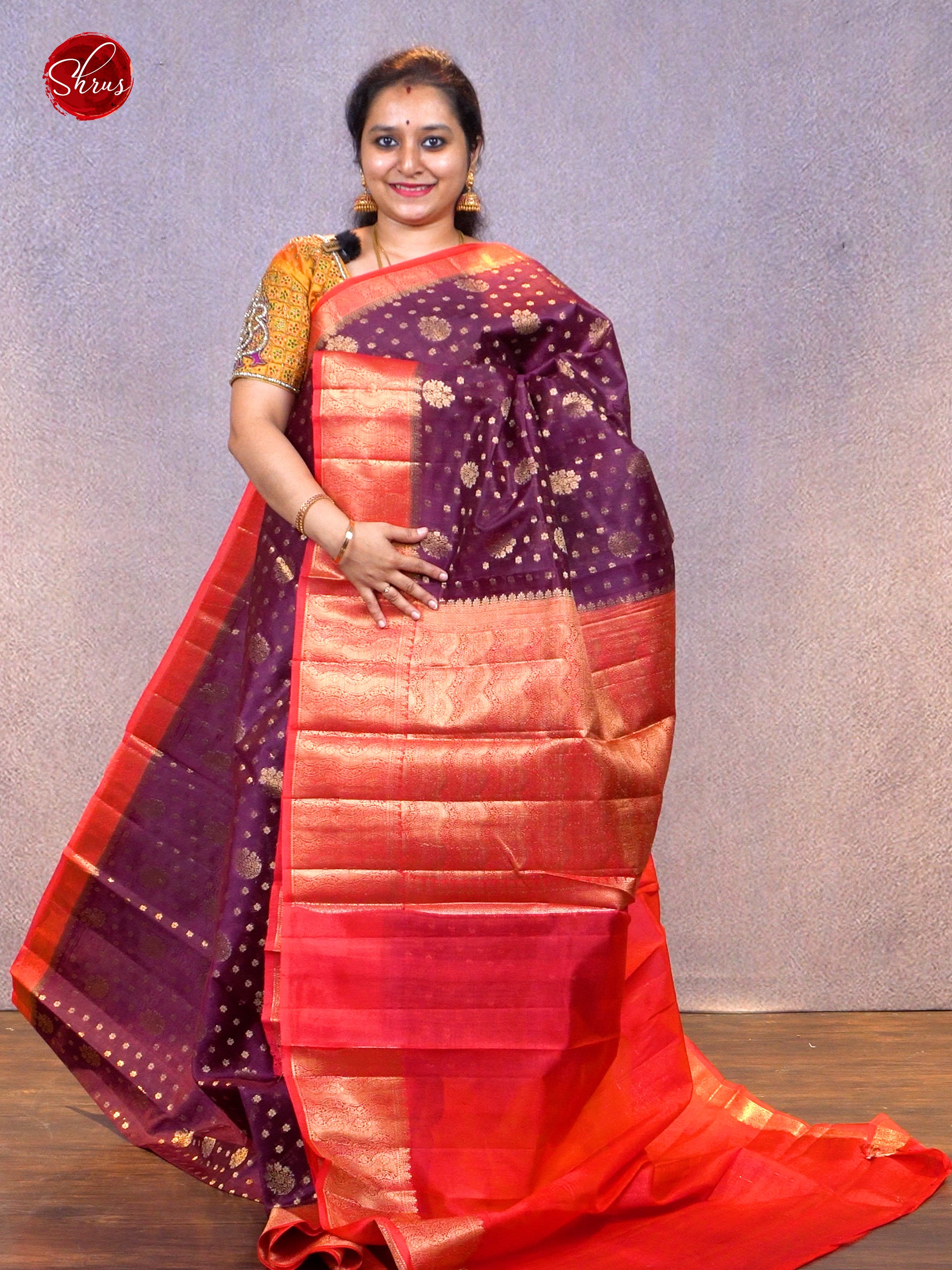 Wine & Red - Chiniya Silk with zari woven floral buttas on the body & Zari Border - Shop on ShrusEternity.com