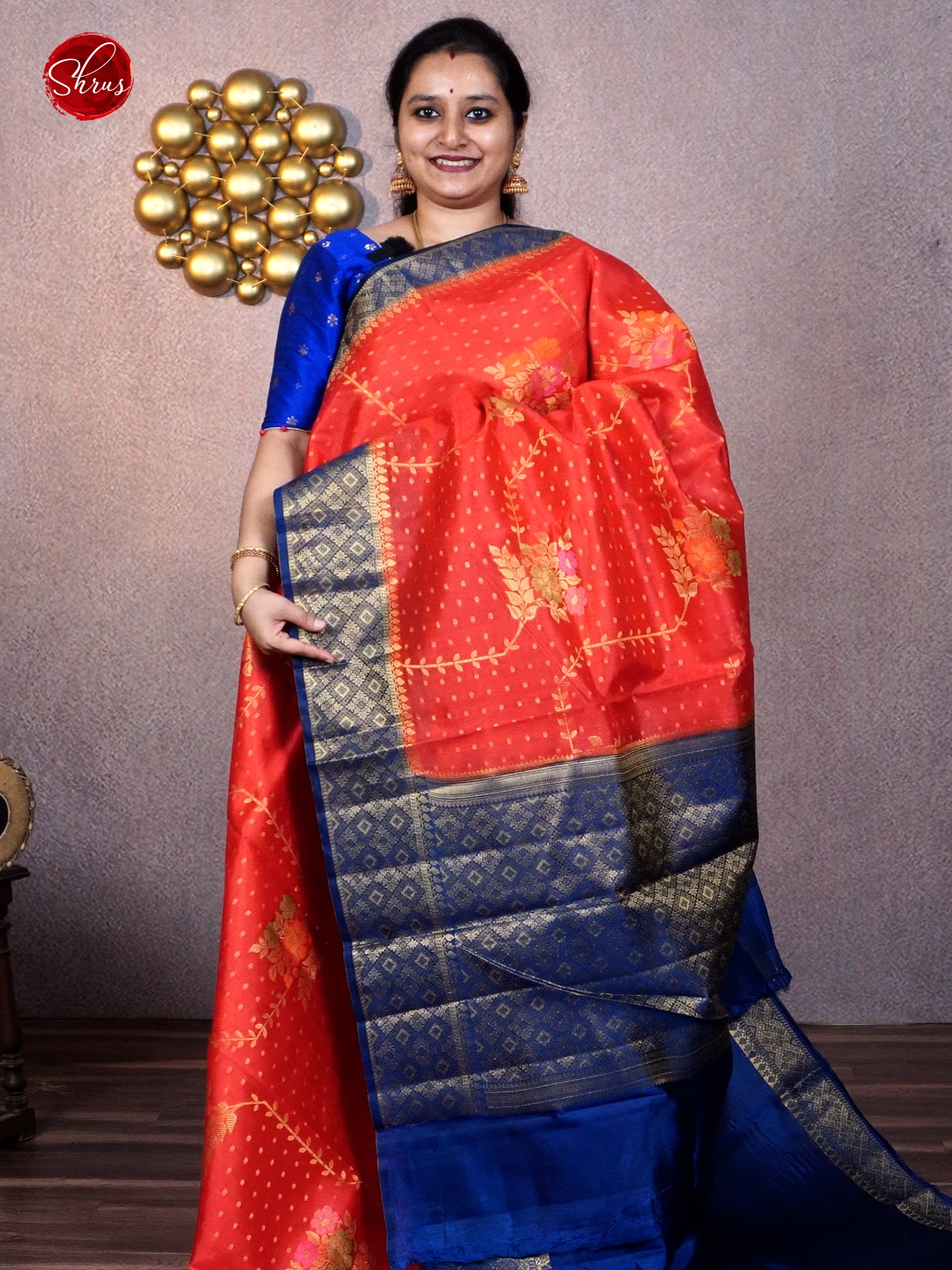 Orange & Blue - Chiniya Silk with zari woven buttas , motifs on the body & Contrast Zari Border