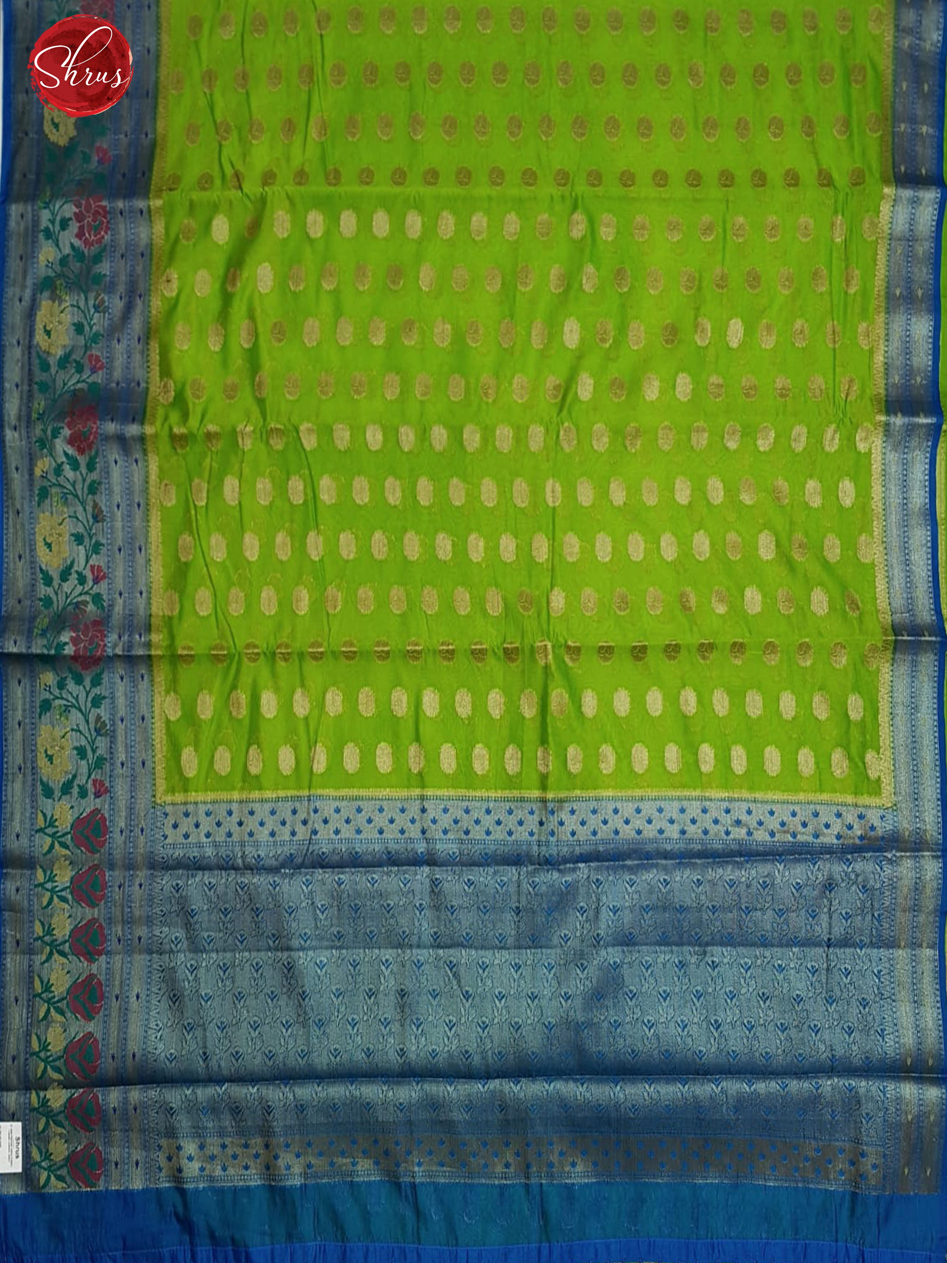 Green & Blue- Semi Banarasi with zari woven floral buttas on the body & Contrast Zari Border - Shop on ShrusEternity.com