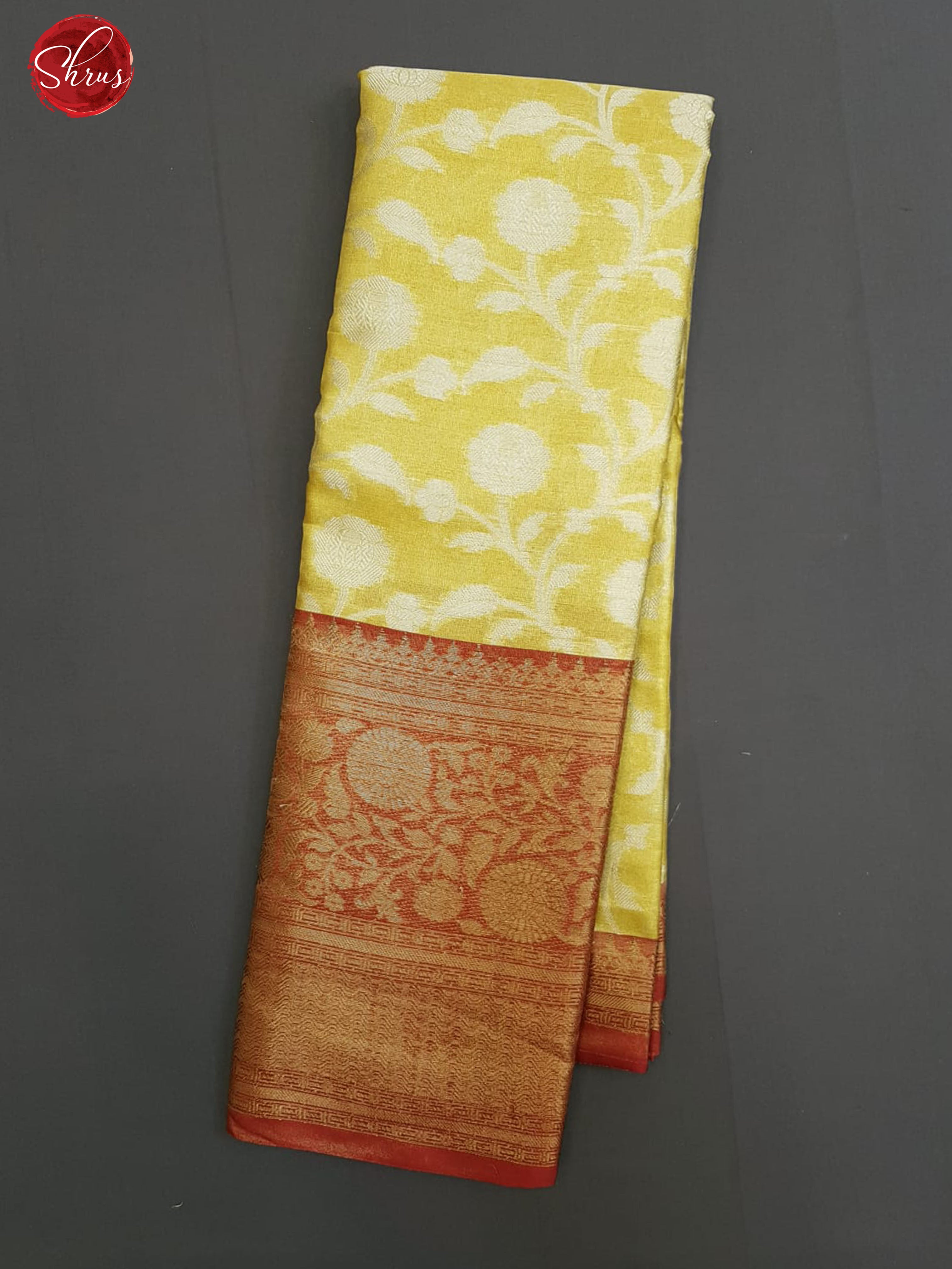 Yellow & Red -  Kora Banarasi with zari woven floral nestling brocade on the Body& Zari Border - Shop on ShrusEternity.com