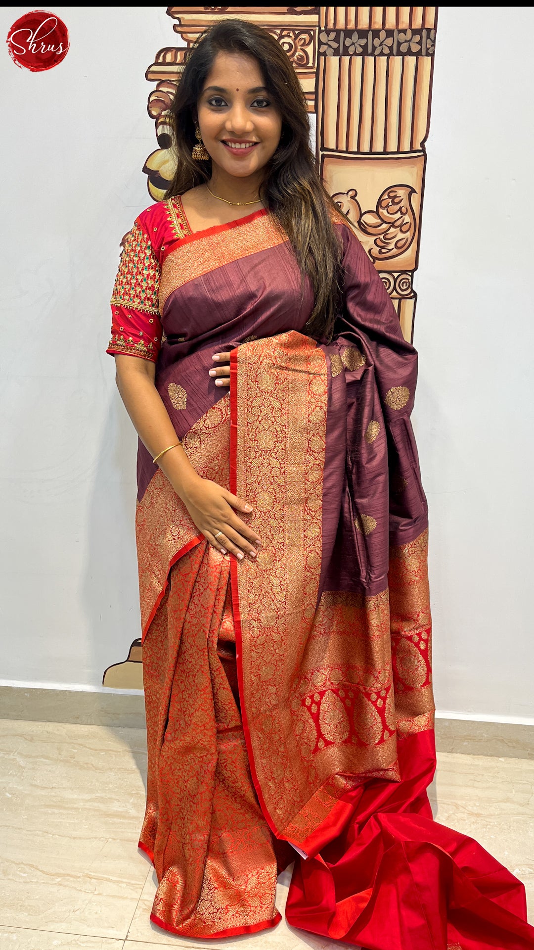 Brown & Red - Dupion Silk with zari woven floral motifs on the body& Contrast Zari Border - Shop on ShrusEternity.com