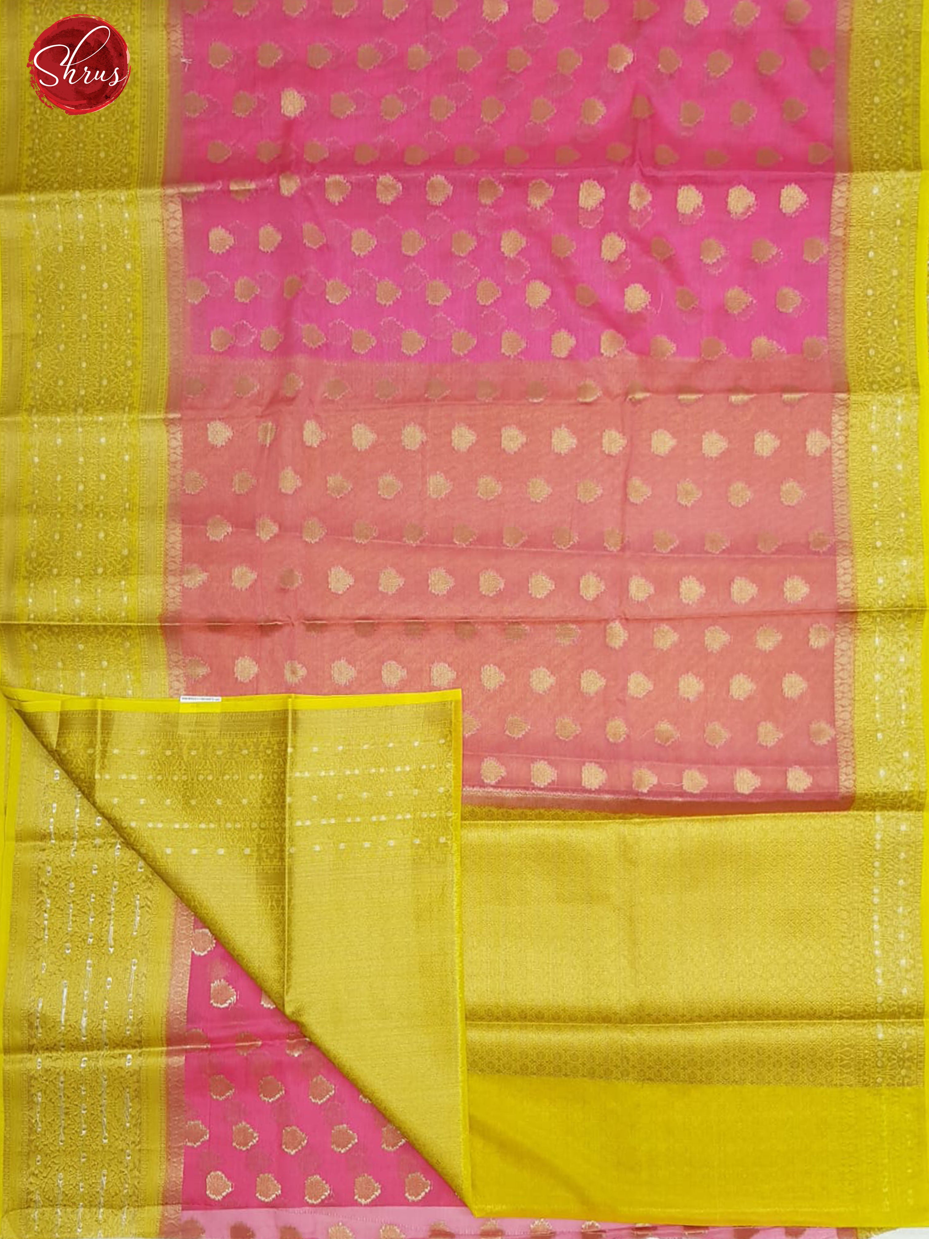 Pink & Yellow - Kota Banarasi with zari woven floral buttas on the body & Contrast Zari Border - Shop on ShrusEternity.com