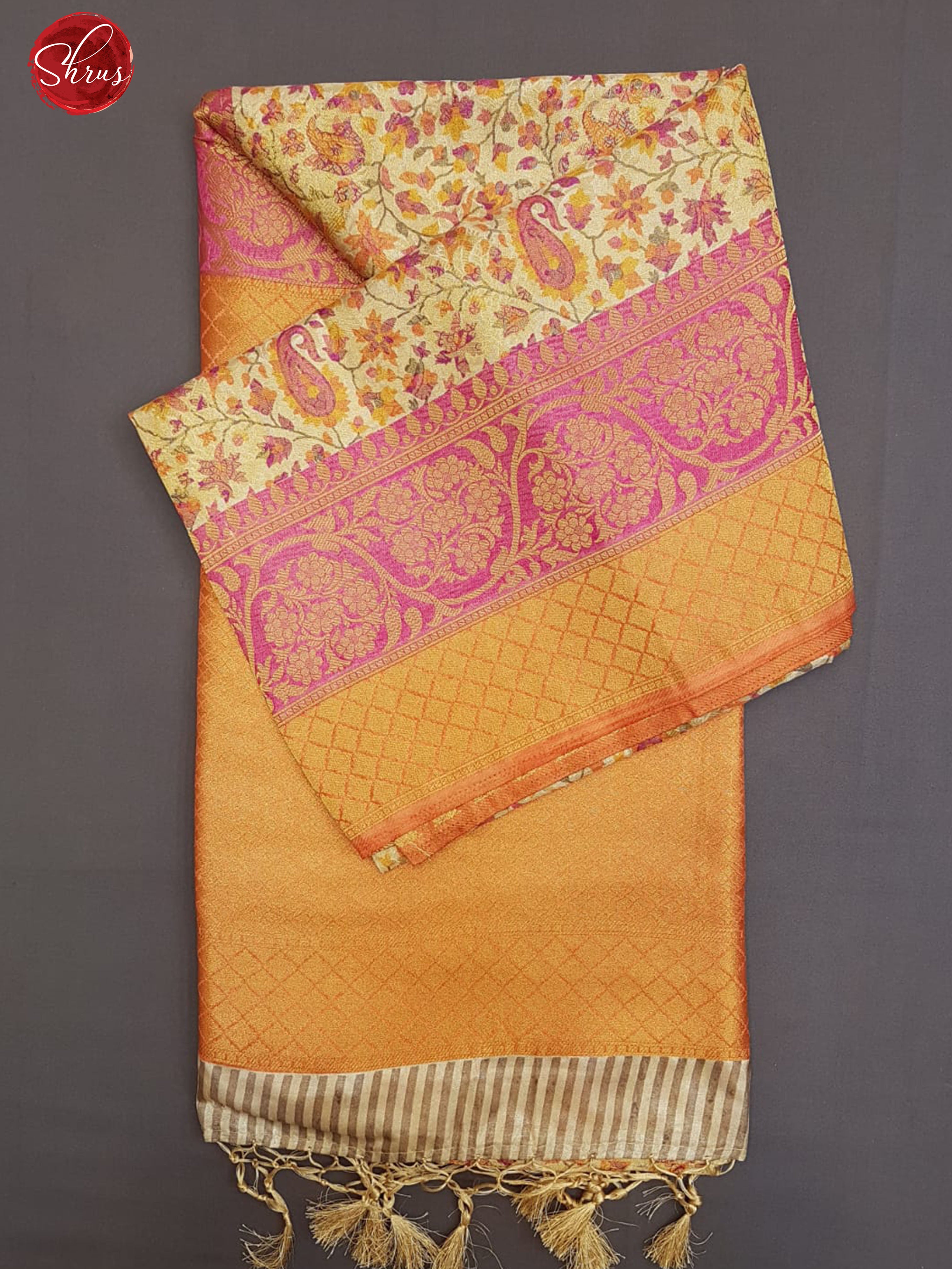 Sandal & Orange - Semi Georgette with floral print on the body & contrast Zari Border - Shop on ShrusEternity.com