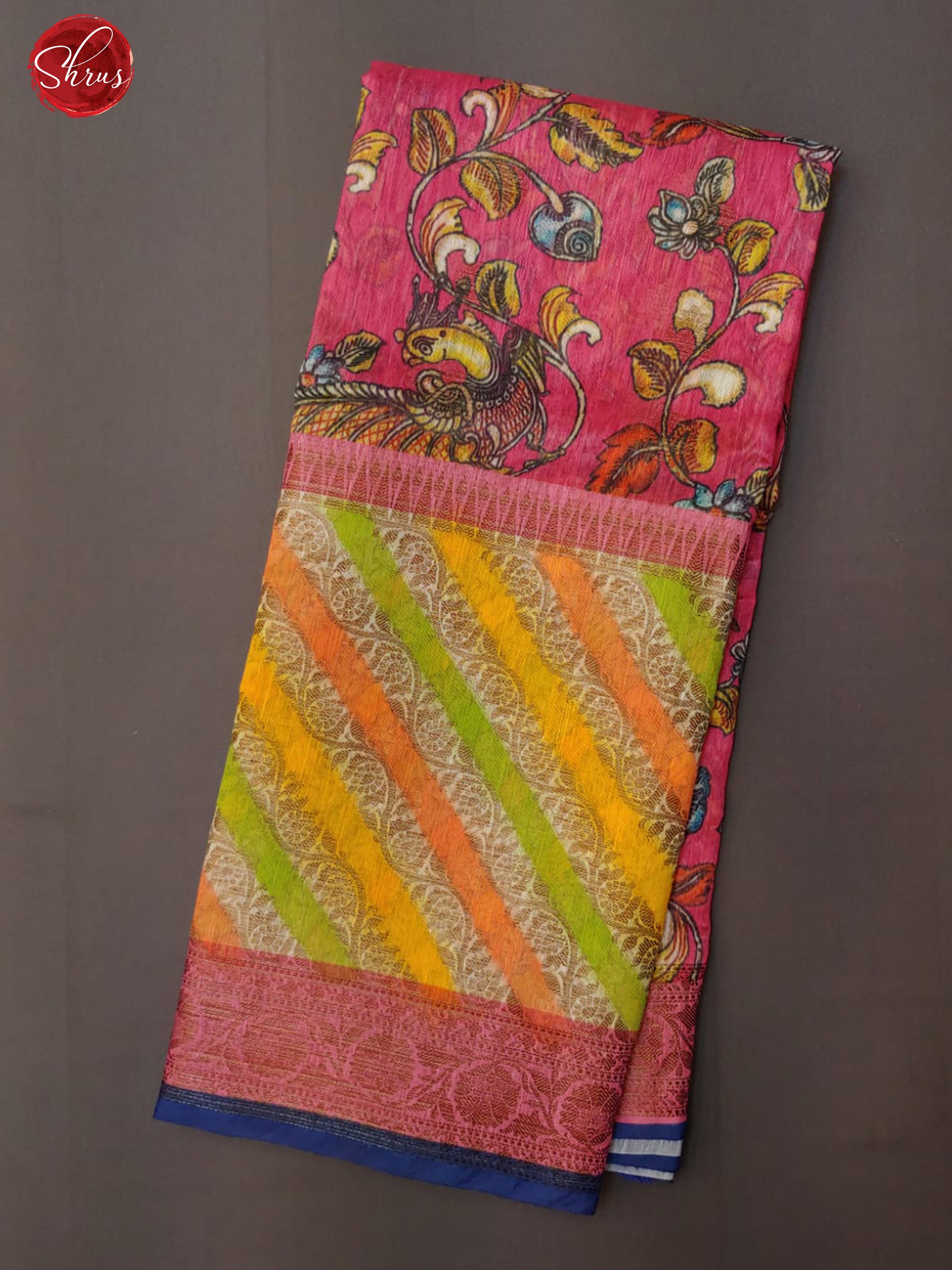 Pink & Blue - Linen with Kalamkari floral print on the body & Zari Border - Shop on ShrusEternity.com