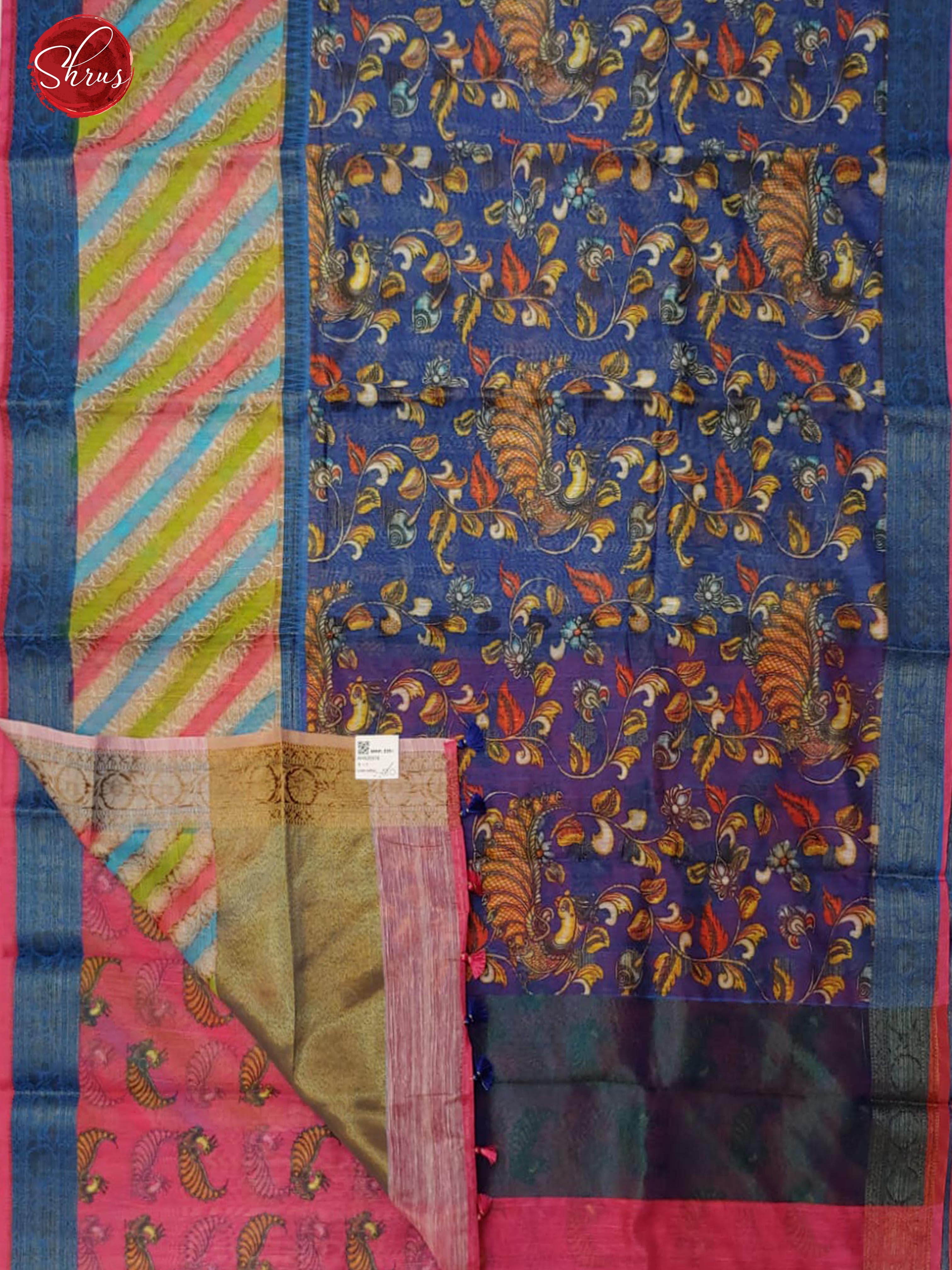 Pink & Blue - Linen with Kalamkari floral print on the body & Zari Border - Shop on ShrusEternity.com