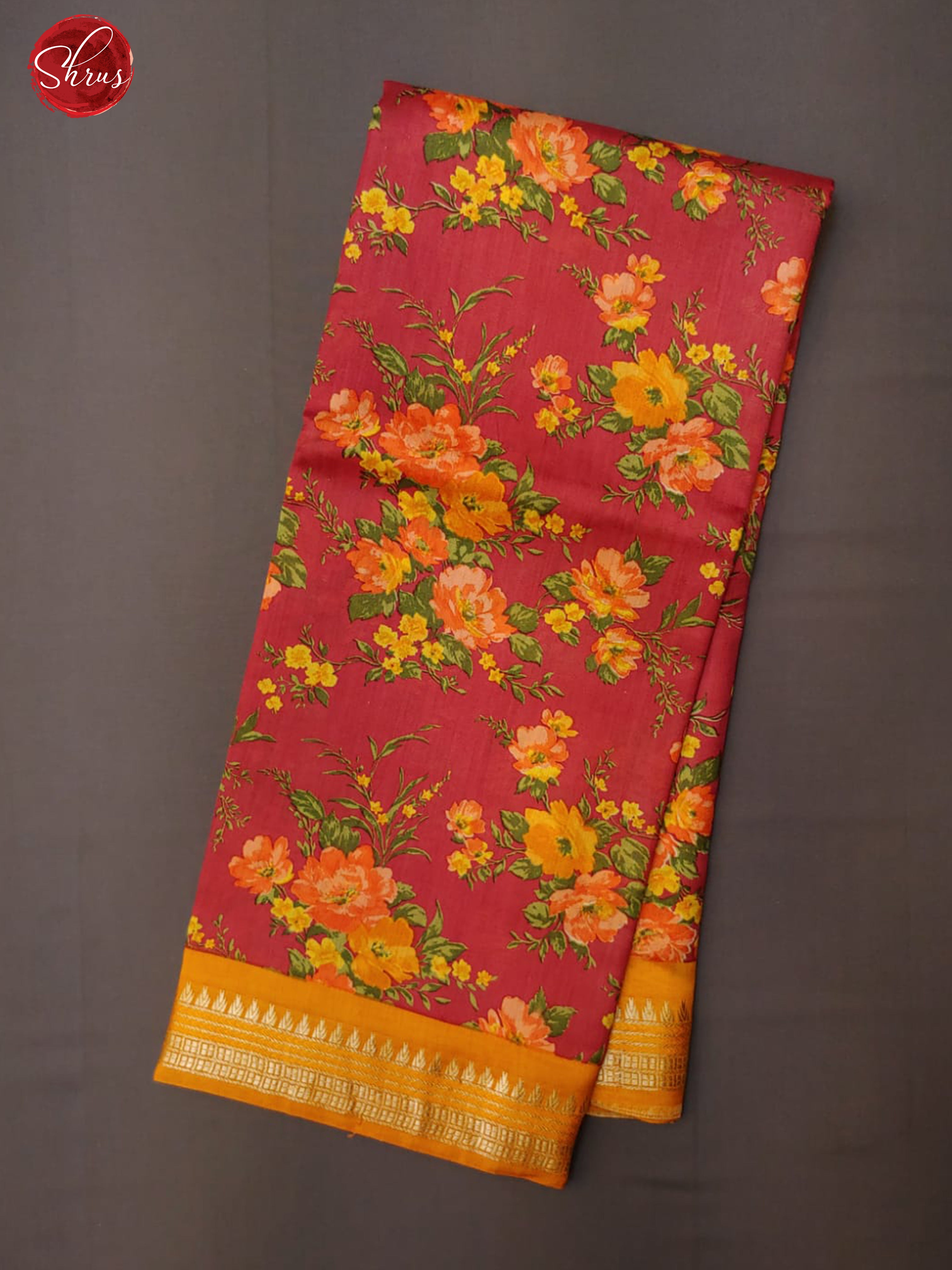 Maroon & Yellow Tussar with floral print on the body & Zari Border