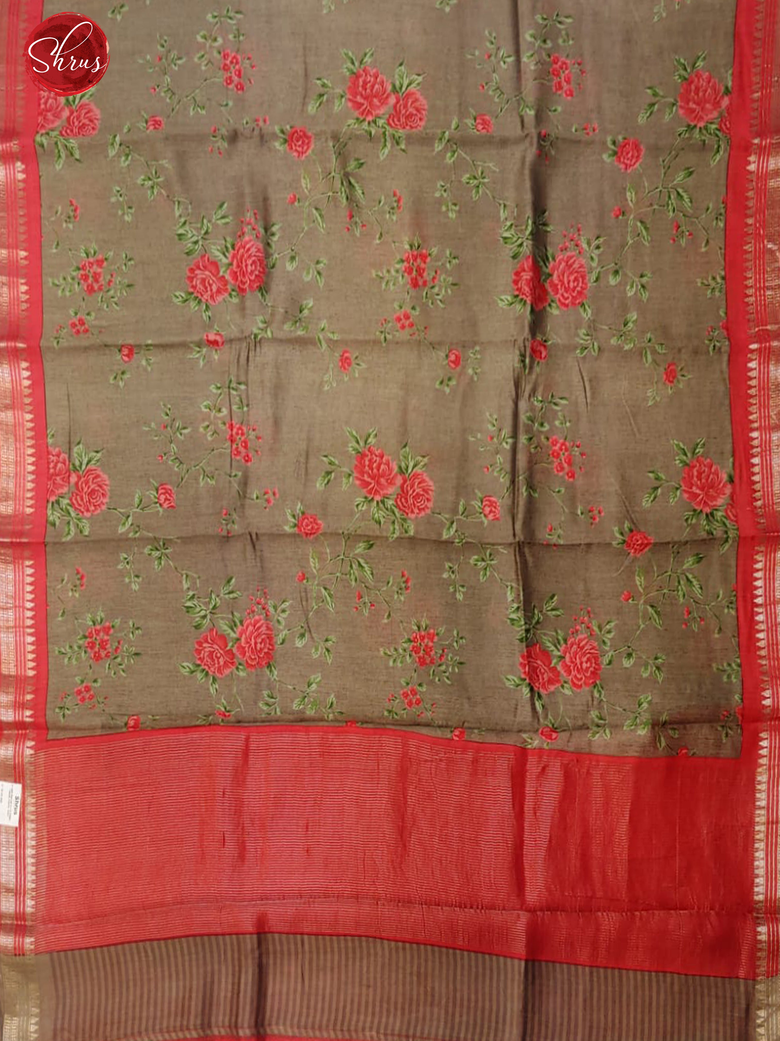 Grey & Pink- Tussar with floral print on the body & Contrast Zari Border-1