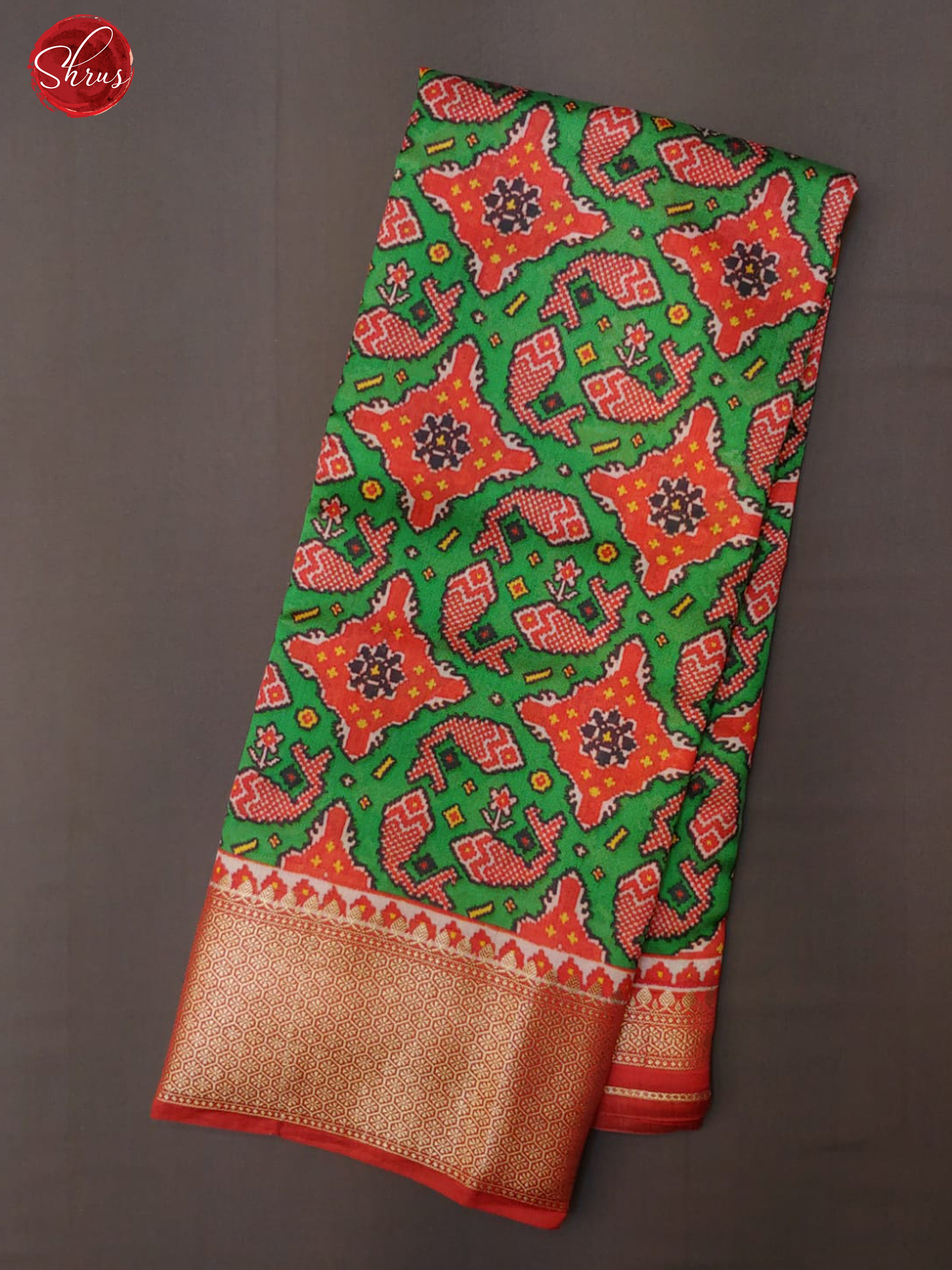 Green & Orange - Tussar with floral print on the body & Contrast Zari Border -1