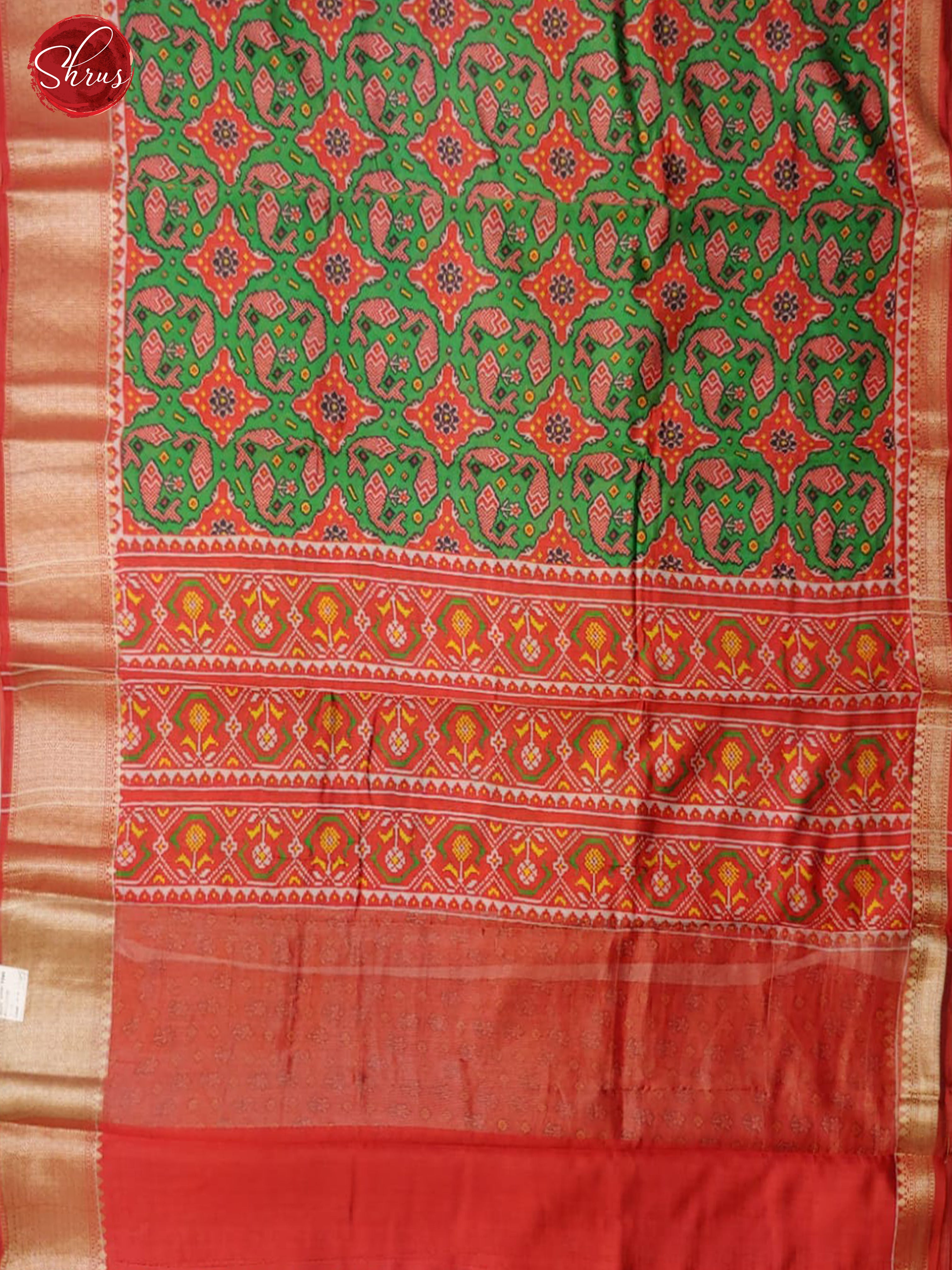 Green & Orange - Tussar with floral print on the body & Contrast Zari Border -2