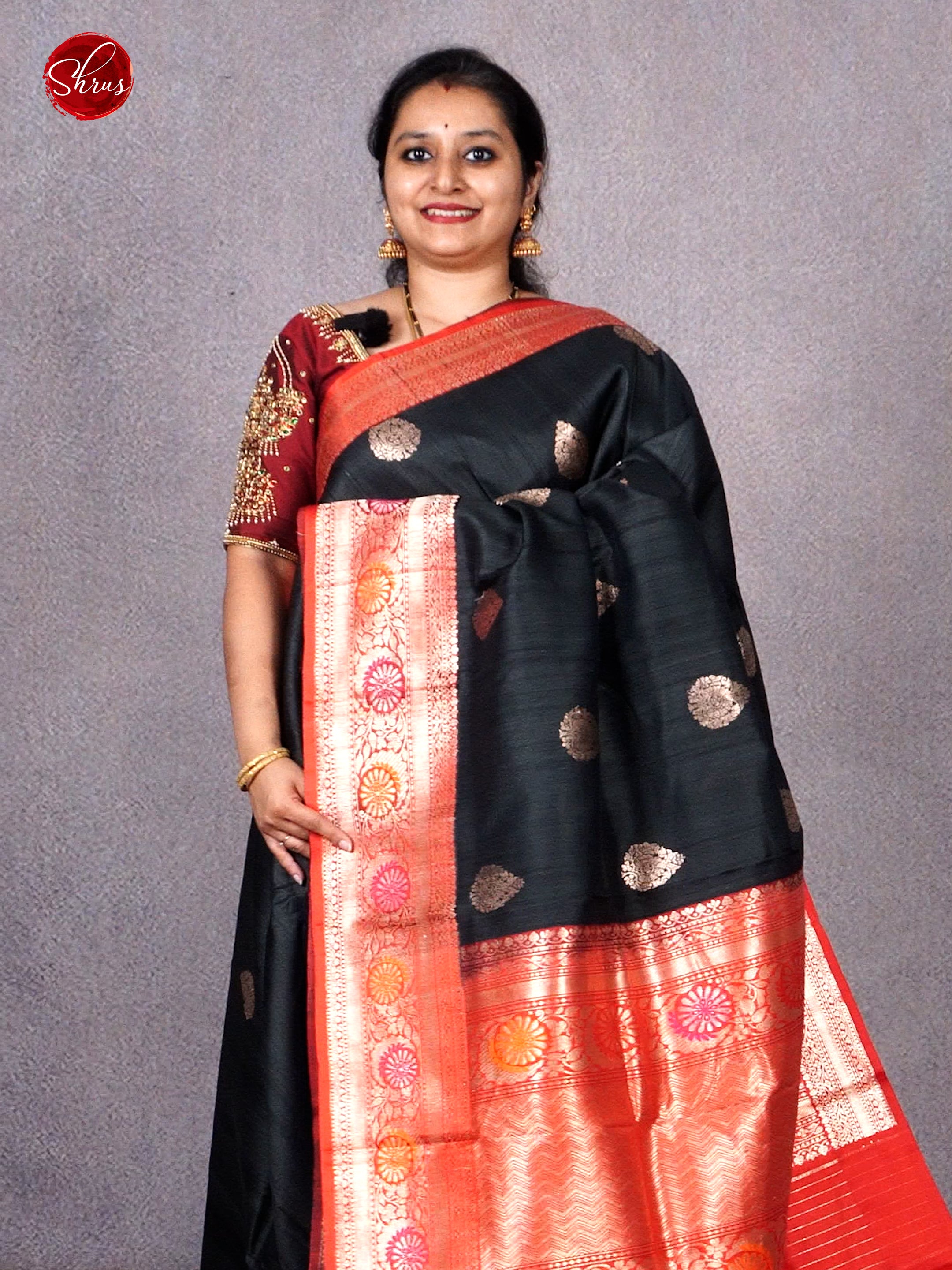 Black & Red - Dupion Silk with zari woven floral motifs on the body & Contrast Zar Border - Shop on ShrusEternity.com