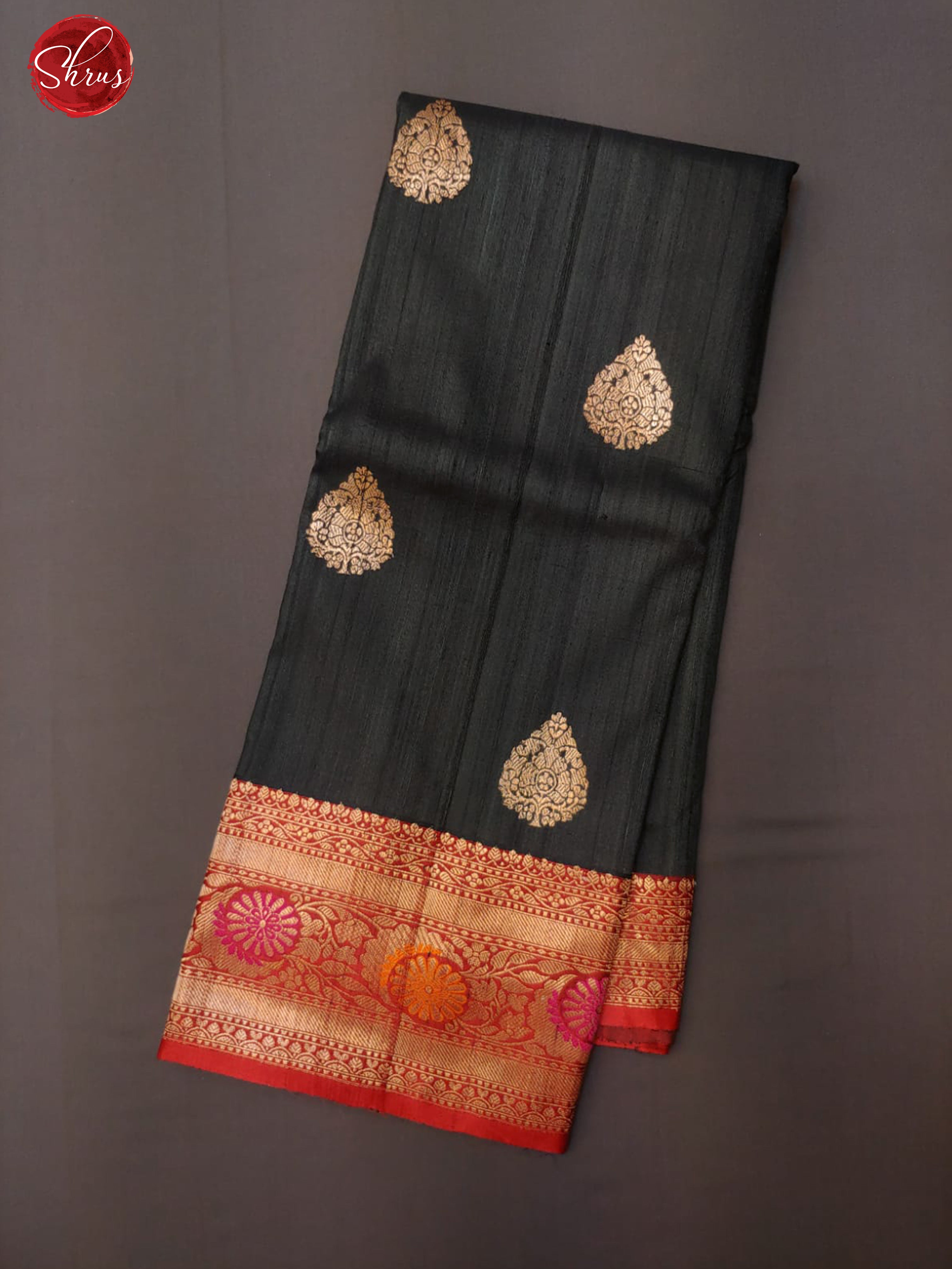 Black & Red - Dupion Silk with zari woven floral motifs on the body & Contrast Zar Border - Shop on ShrusEternity.com