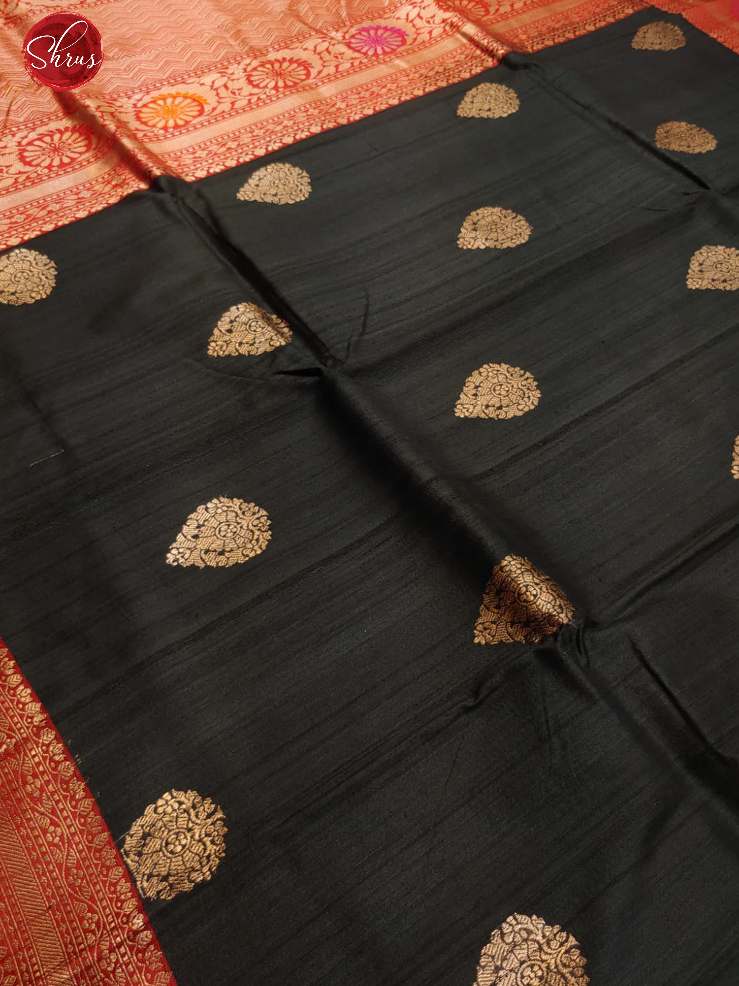 Black & Red - Dupion Silk with zari woven floral motifs on the body & Contrast Zar Border - Shop on ShrusEternity.com