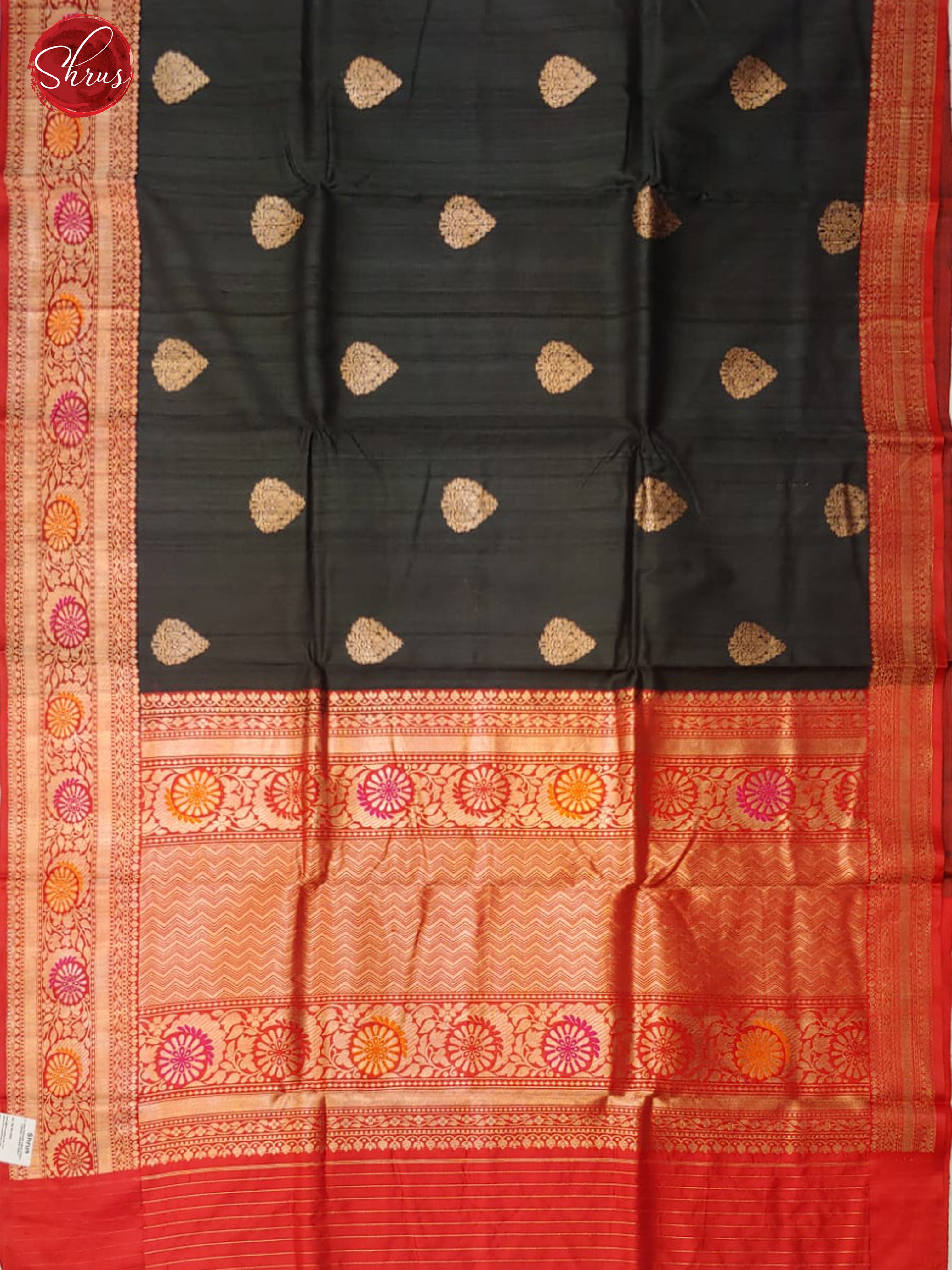 Black & Red - Dupion Silk with zari woven floral motifs on the body & Contrast Zar Border - Shop on ShrusEternity.com