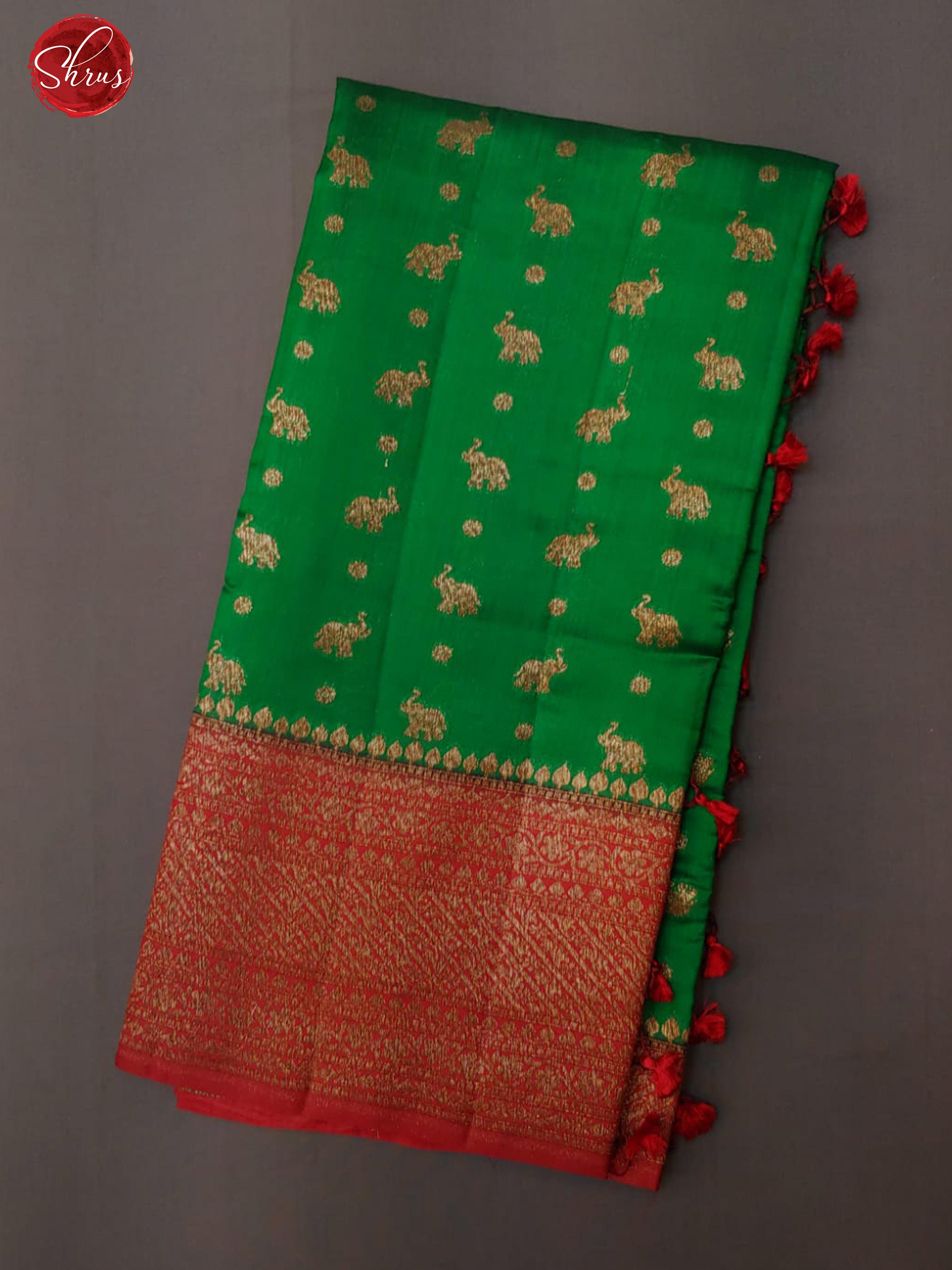 Green & Red - Banarasi Silk with Zari woven elephant buttas on the body & contrast Zari Border - Shop on ShrusEternity.com