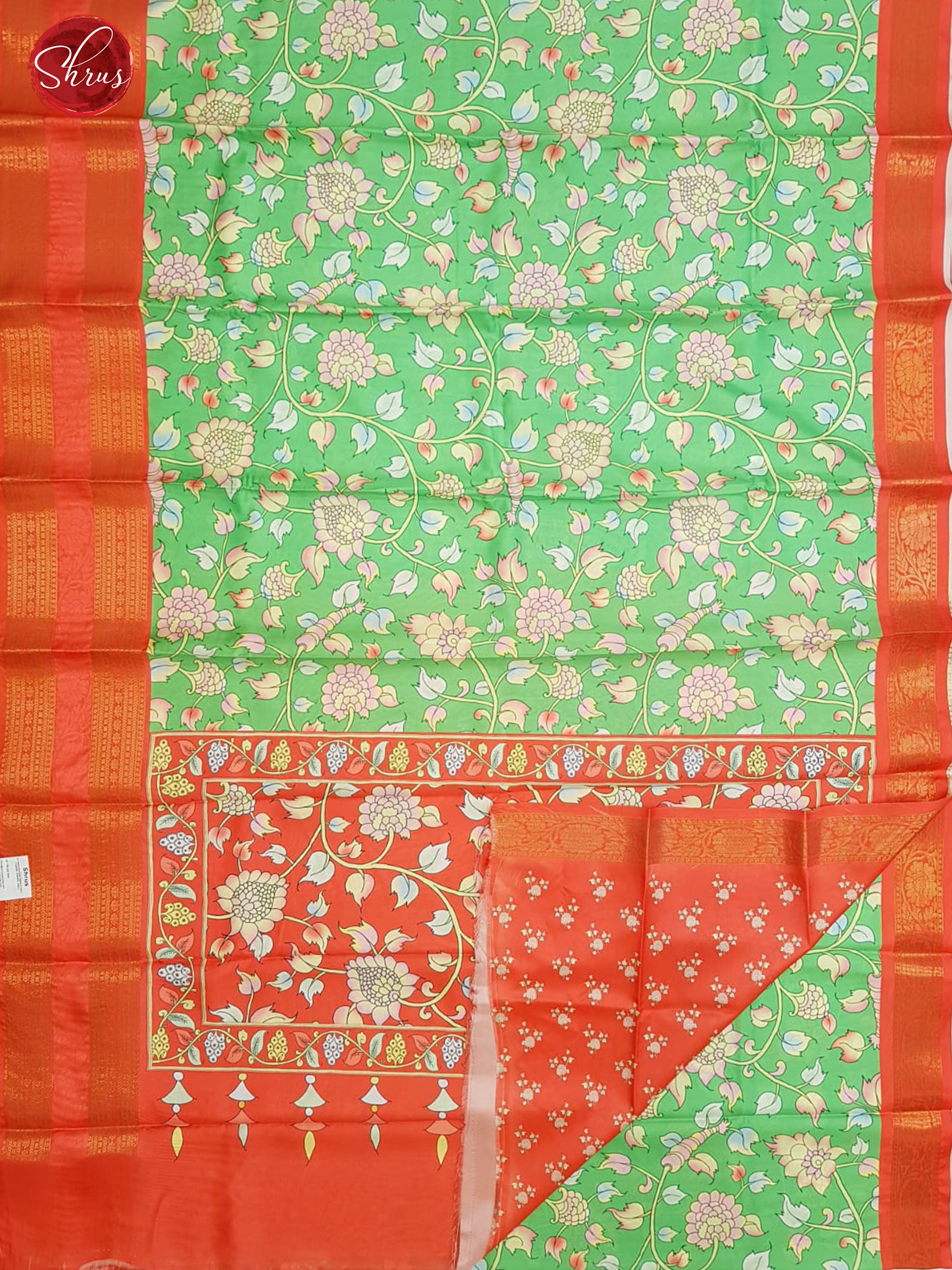 Green & Red - Semi Dupion with floral print on the body& Contrast Zari Border - Shop on ShrusEternity.com