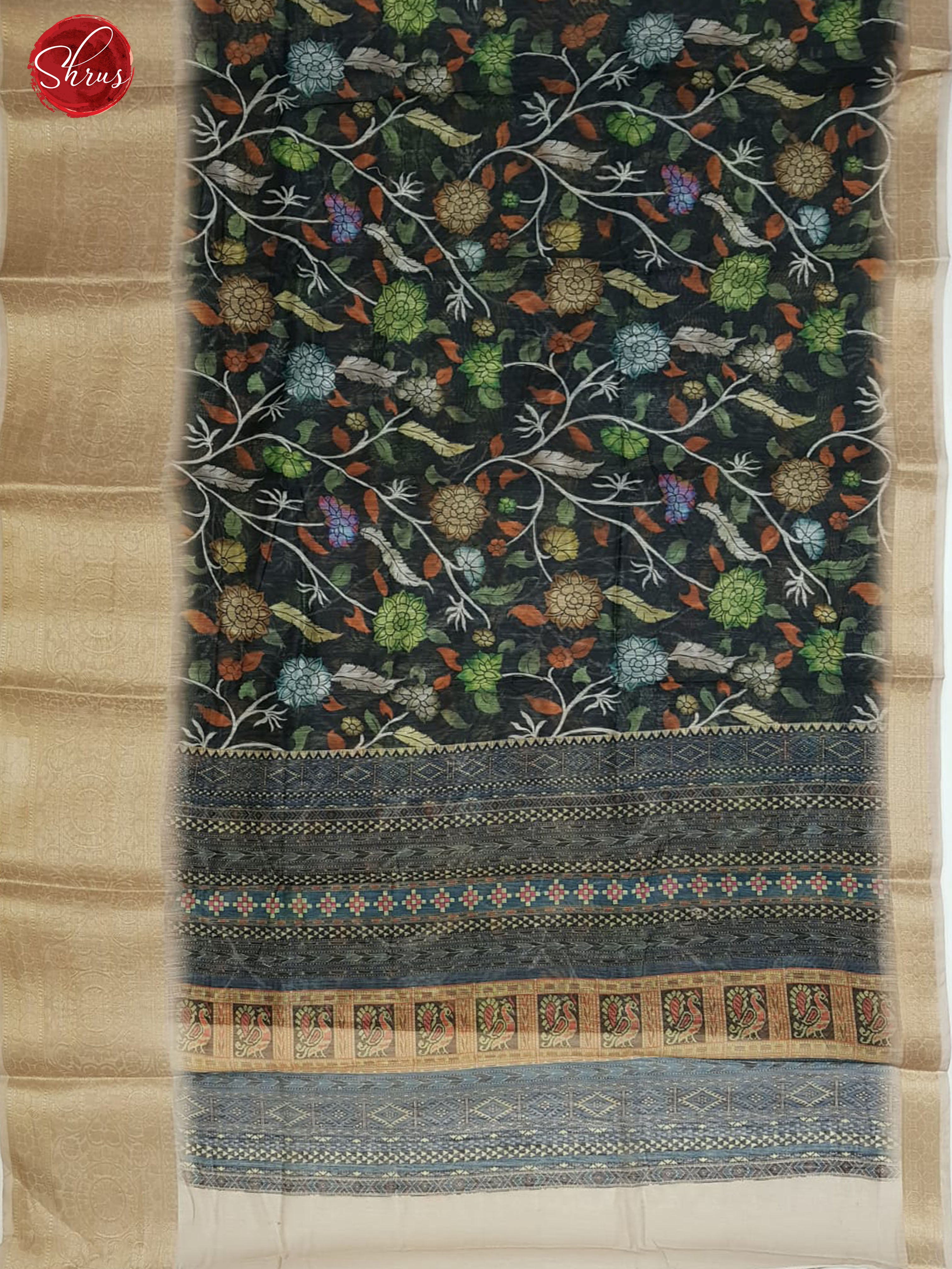 Black & Beige -Art Linen with floral print on the body & Zari Border - Shop on ShrusEternity.com