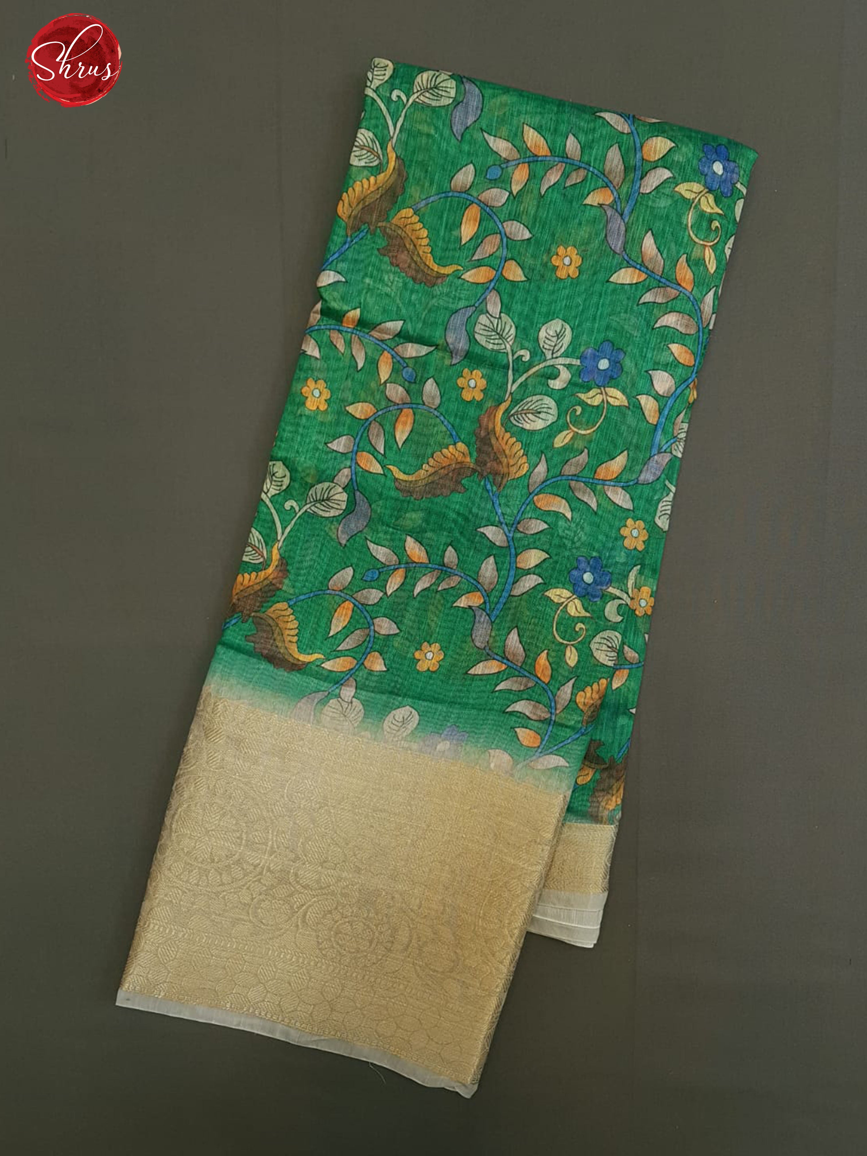 Green & Grey - Art Linen with floral print on the body & Contrast Zari Border - Shop on ShrusEternity.com