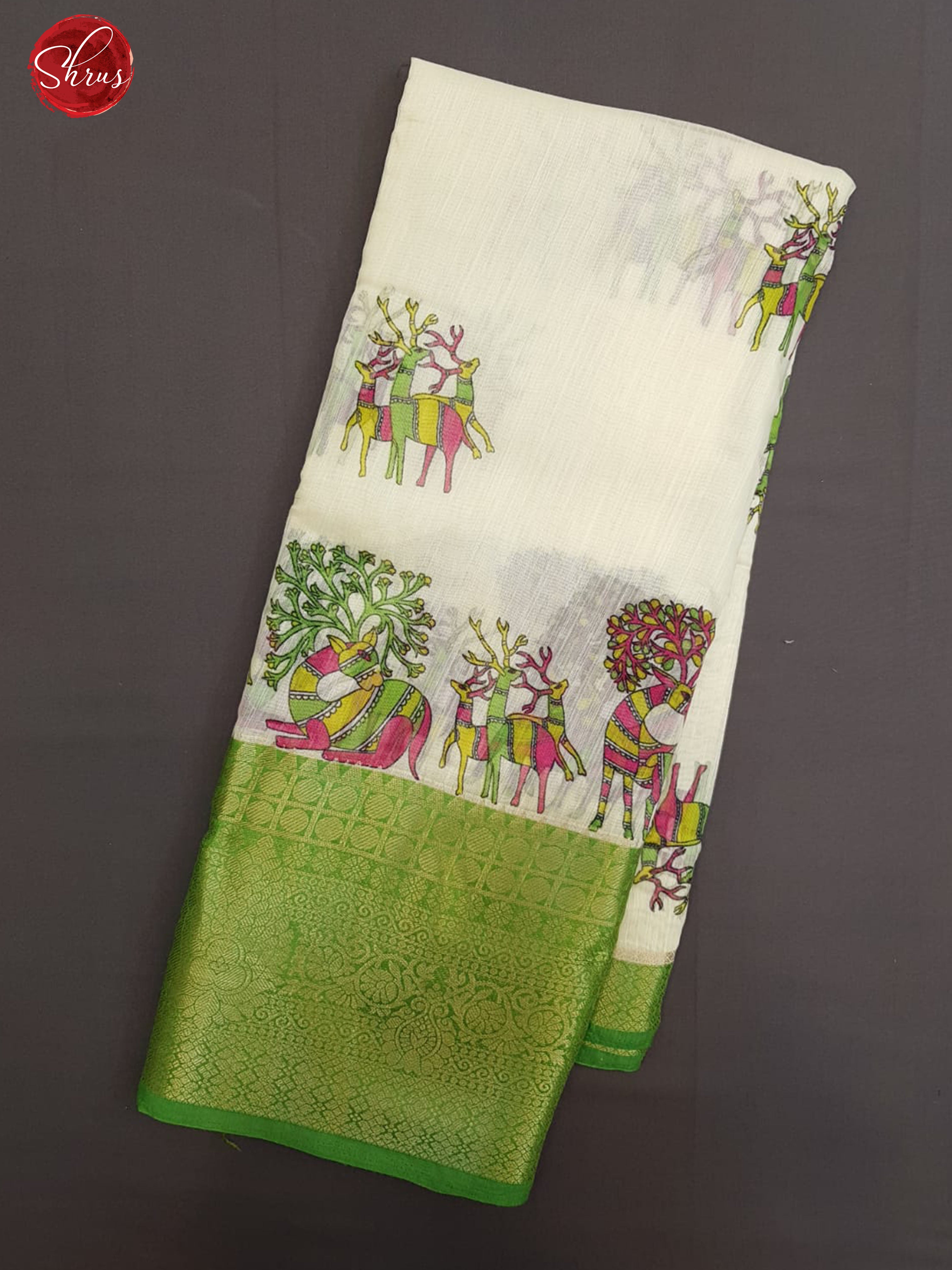 Cream & Green - Art Linen with printed Body & Contrast Zari border - Shop on ShrusEternity.com