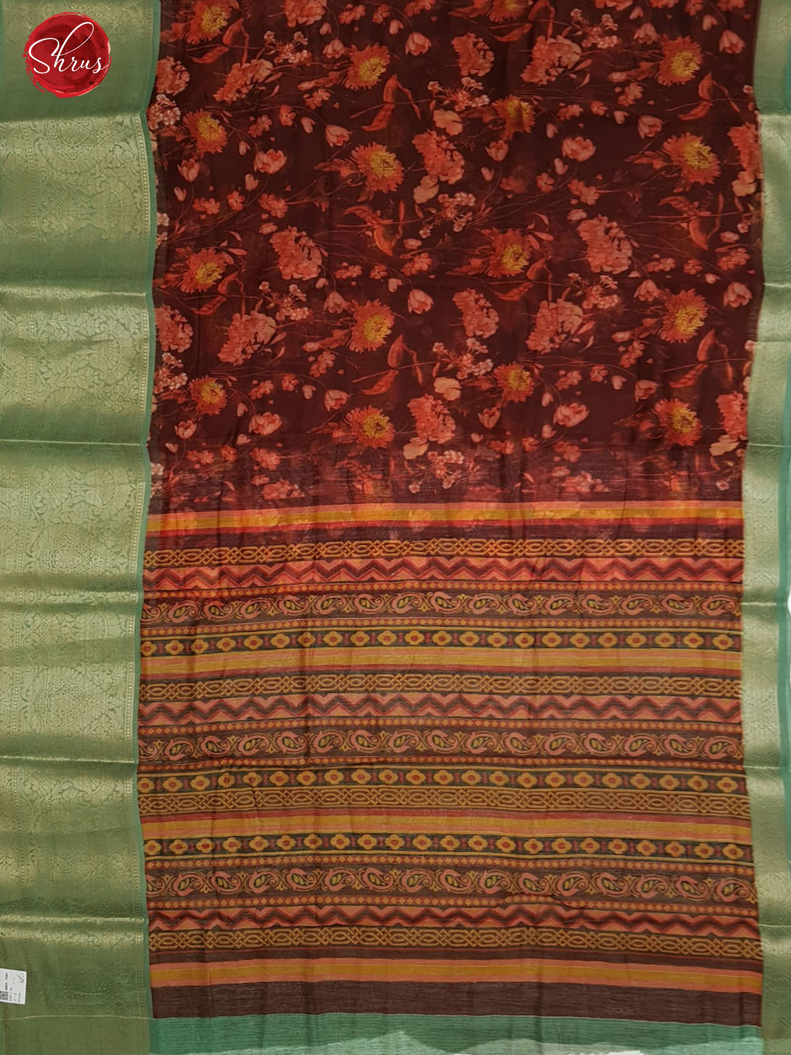 Maroon & Green - Art Linen with floral print on the body & Zari Border - Shop on ShrusEternity.com