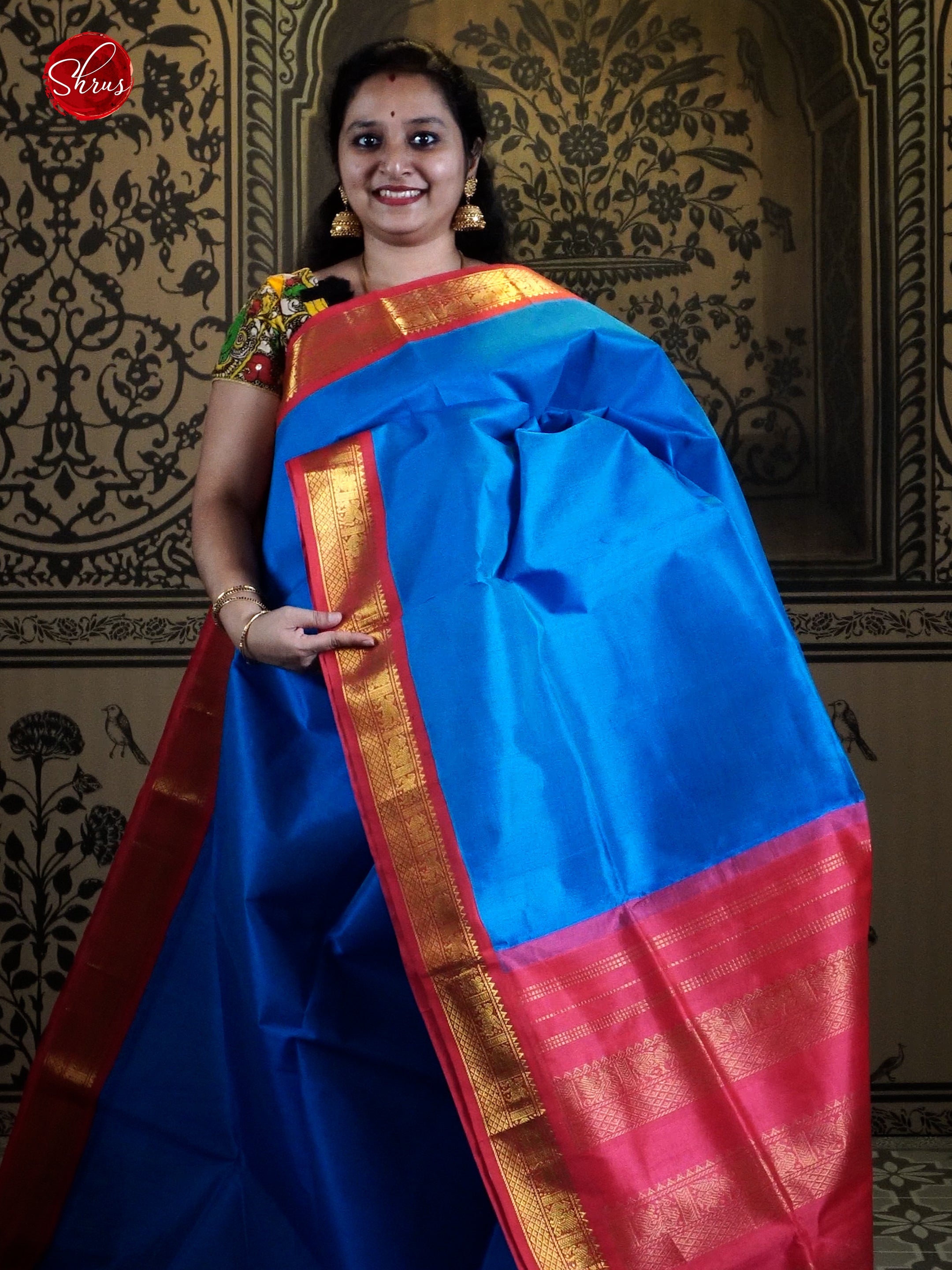 Blue & Pink - Silk Cotton with plain Body & Zari Border - Shop on ShrusEternity.com