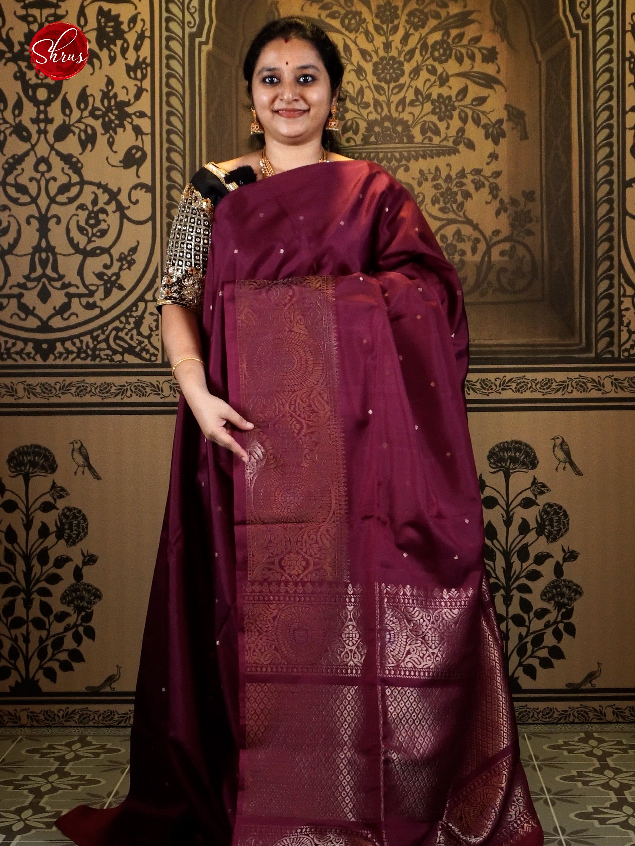 Maroon(Single Tone)- Soft Silk with zari buttas on the body & Zari Border - Shop on ShrusEternity.com