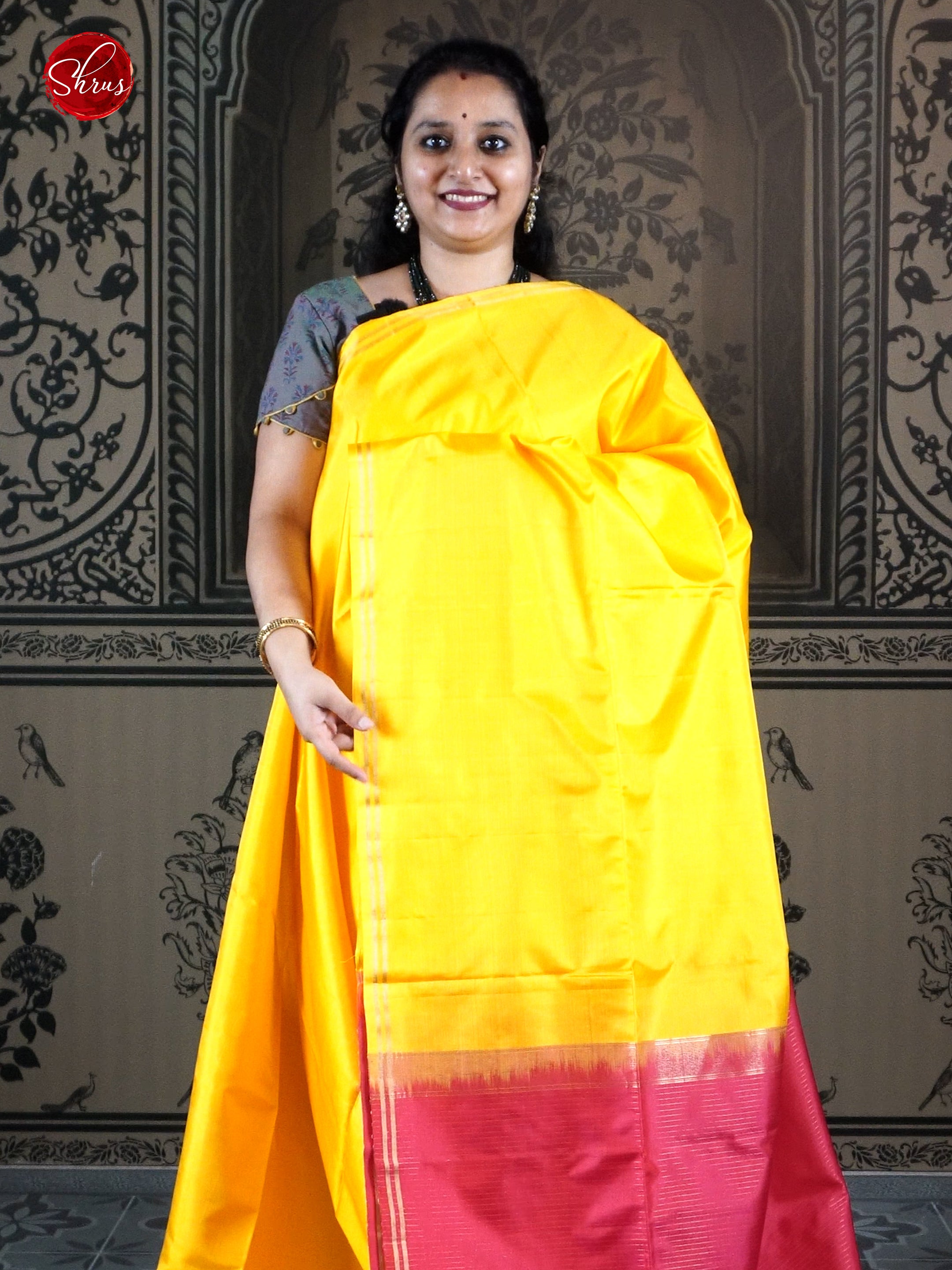 Yellow & Pink - Soft Silk with plain body & thin zari border - Shop on ShrusEternity.com