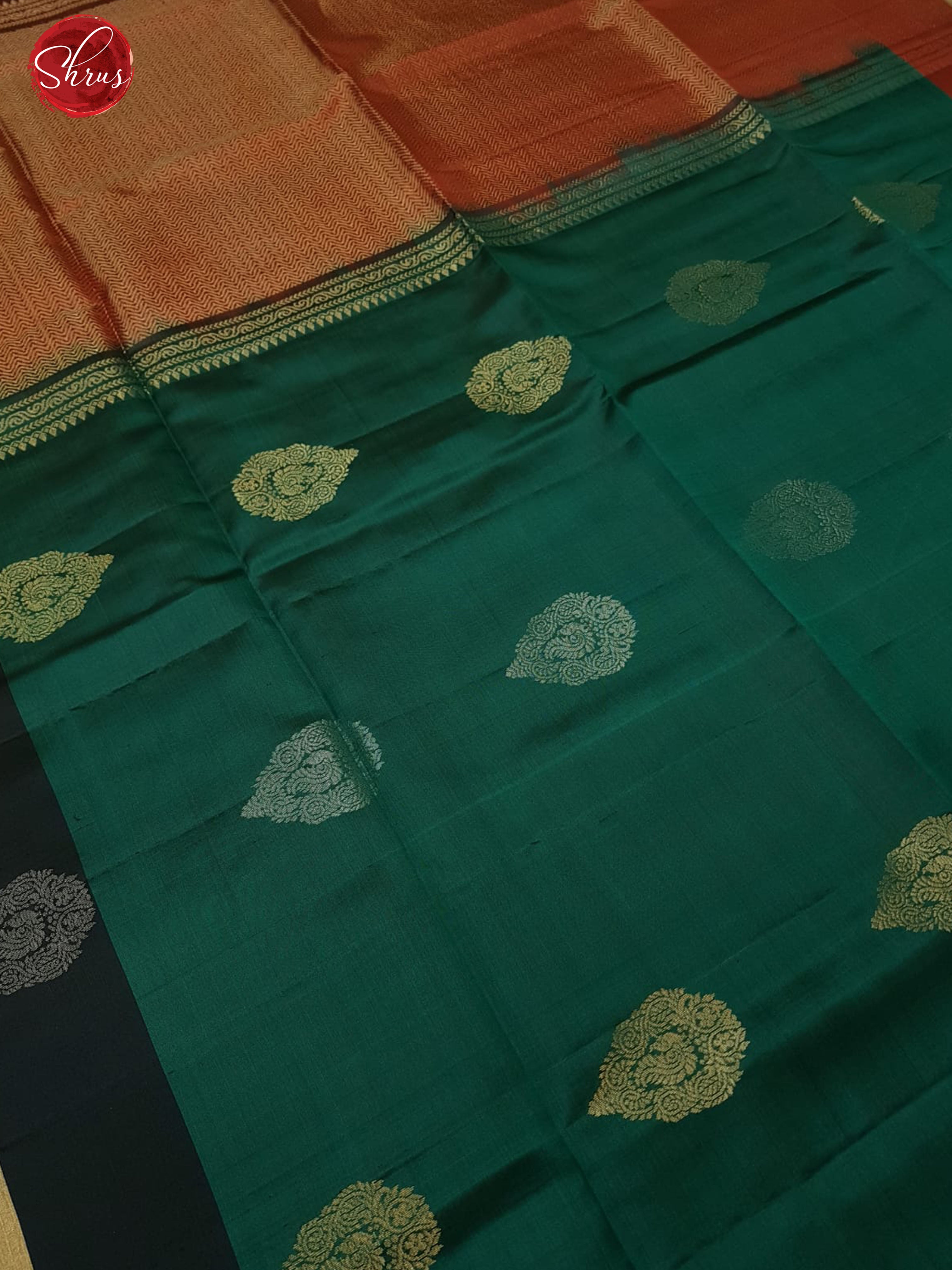 Green & Maroon - Soft Silk with gold, silver zari motifs on the body & Contrast Border - Shop on ShrusEternity.com