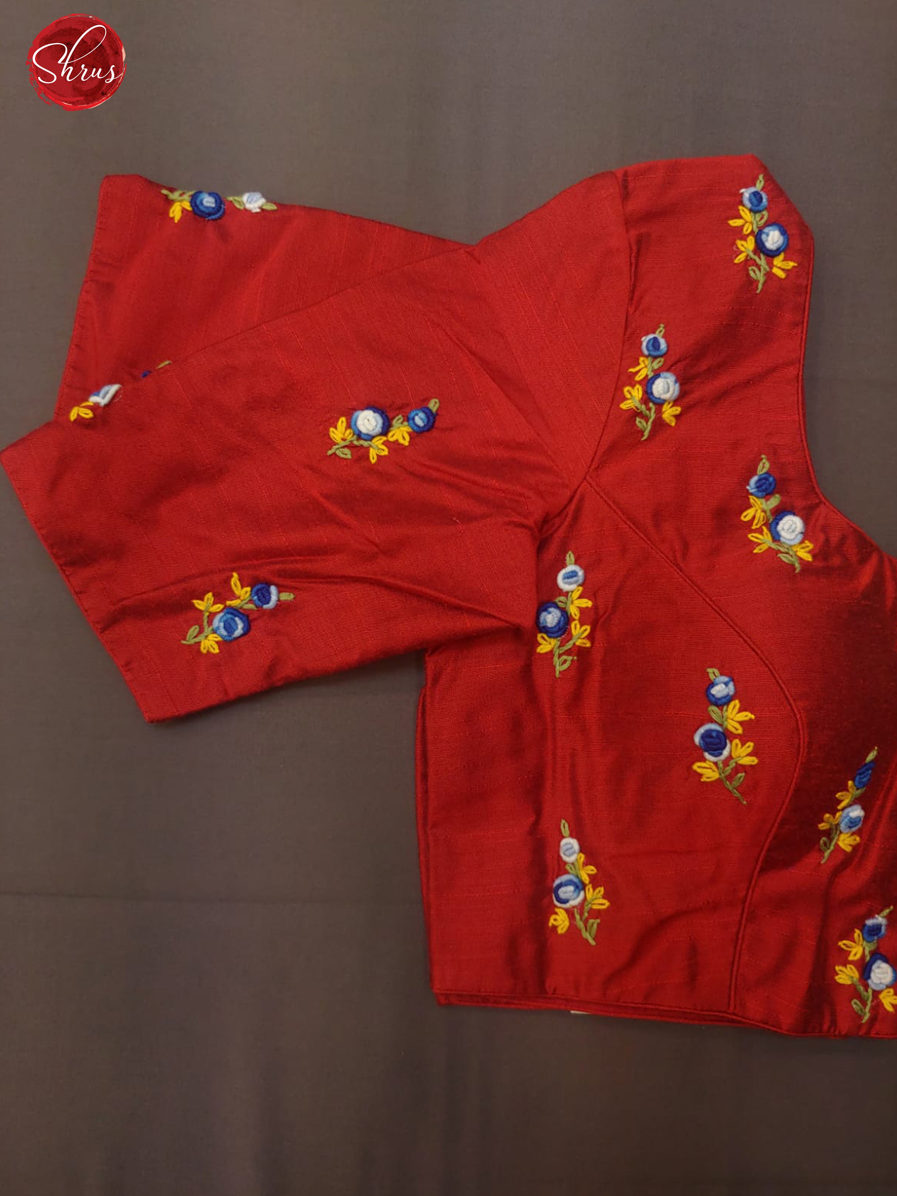 Red- Embroidered Readymade Blouse with -front hook, short sleeves and has a key hole , Boat - neckline& Size -38 - Shop on ShrusEternity.com