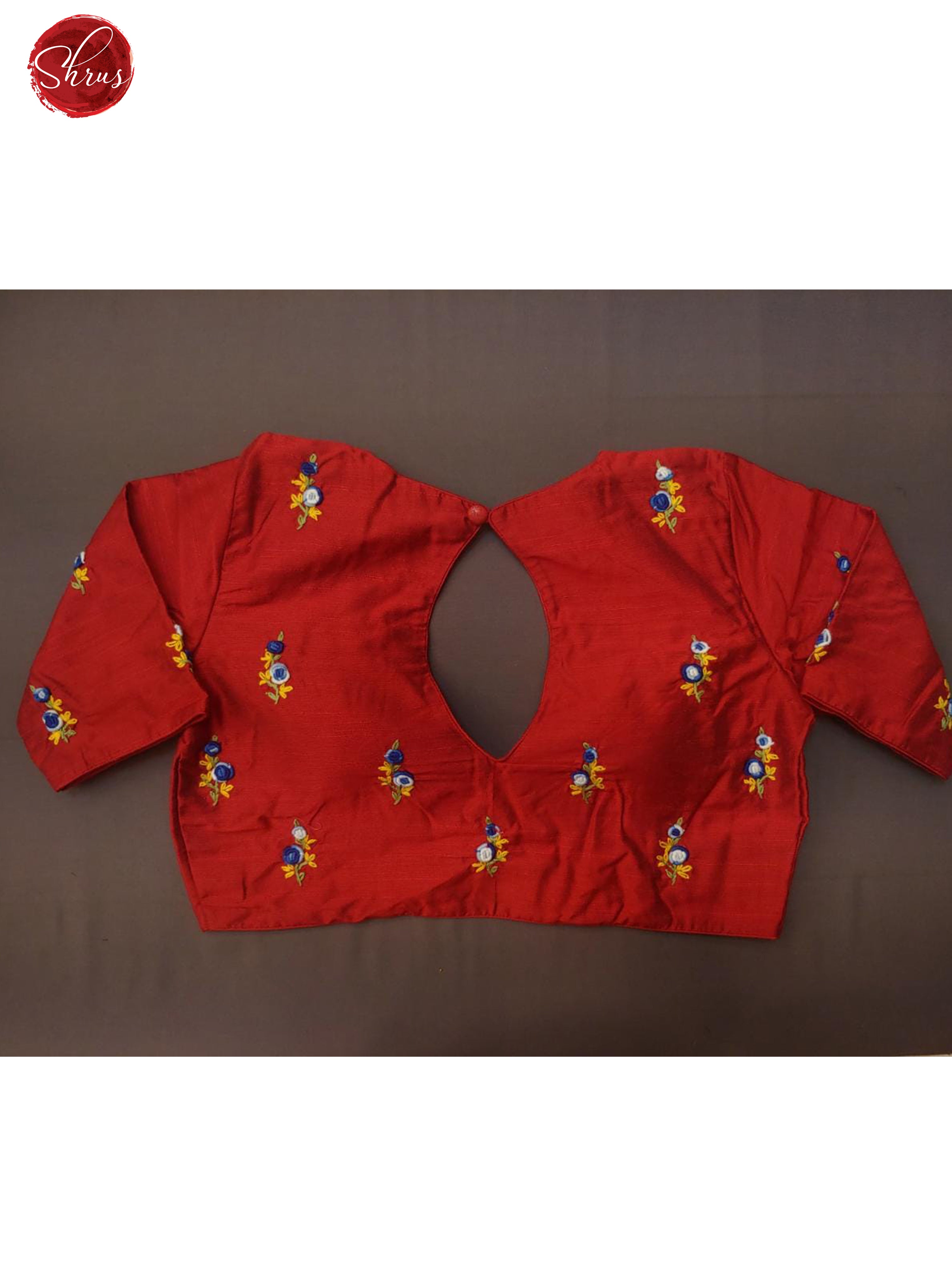 Red- Embroidered Readymade Blouse with -front hook, short sleeves and has a key hole , Boat - neckline& Size -38 - Shop on ShrusEternity.com