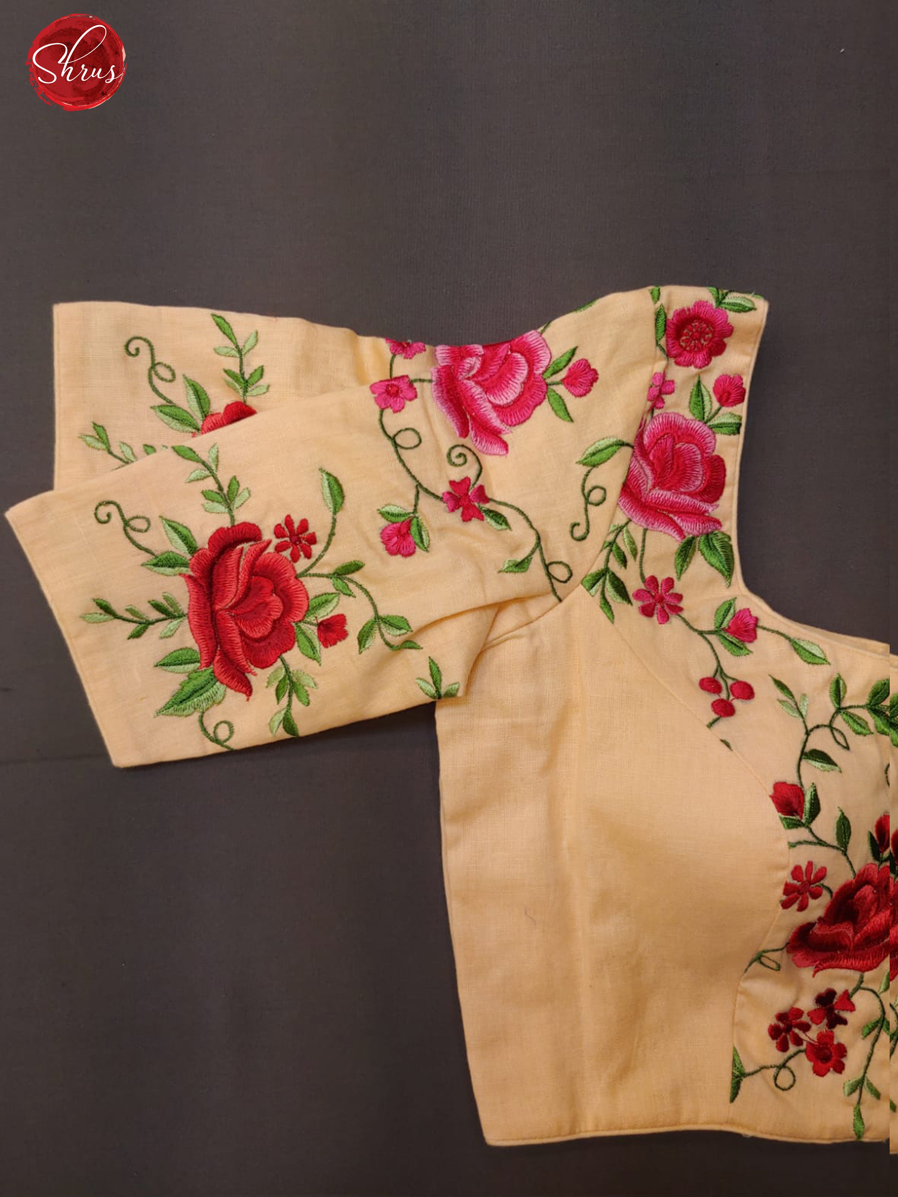 Peach- Embroidered Readymade Blouse with front hook, short sleeves and U shaped - neckline & Size -34 - Shop on ShrusEternity.com