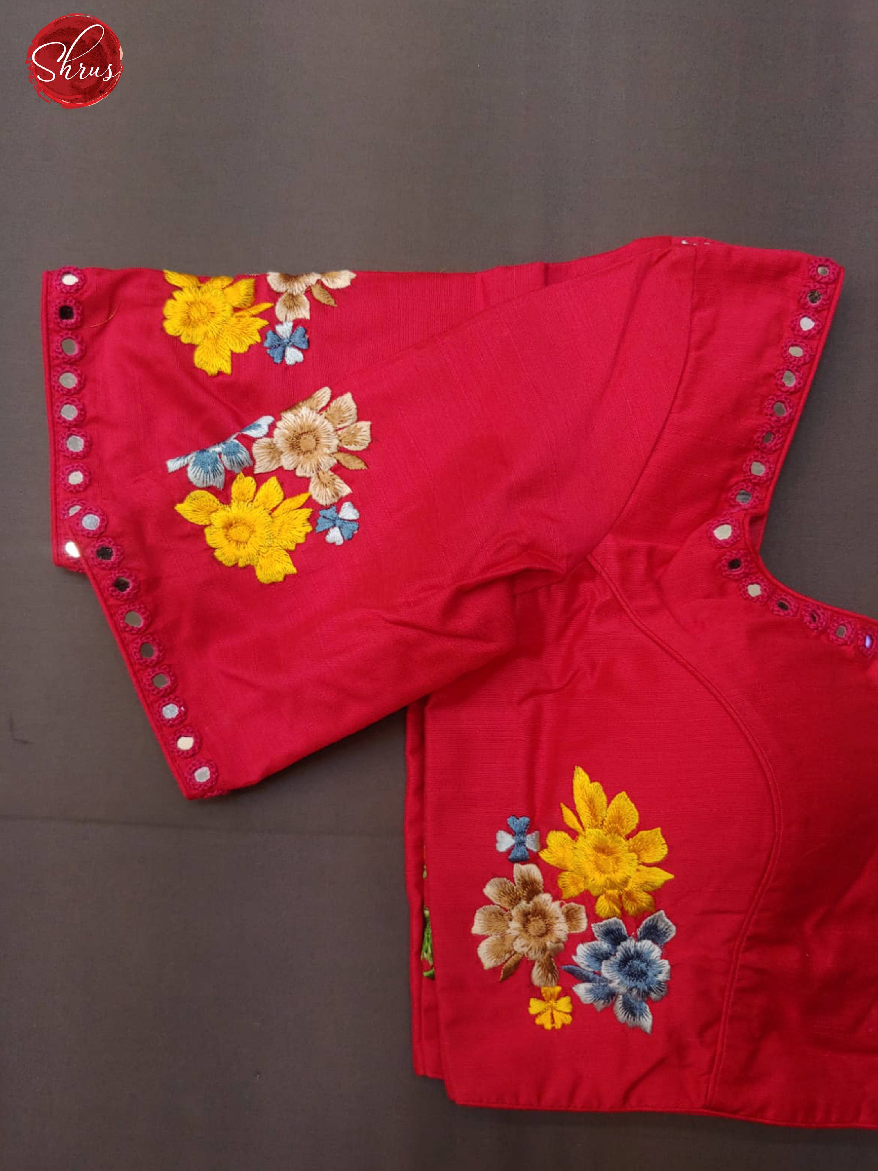 Red - Readymade embroidered , Mirror work Blouse with front hook, short sleeves , U shaped - neckline & Size - 34 - Shop on ShrusEternity.com